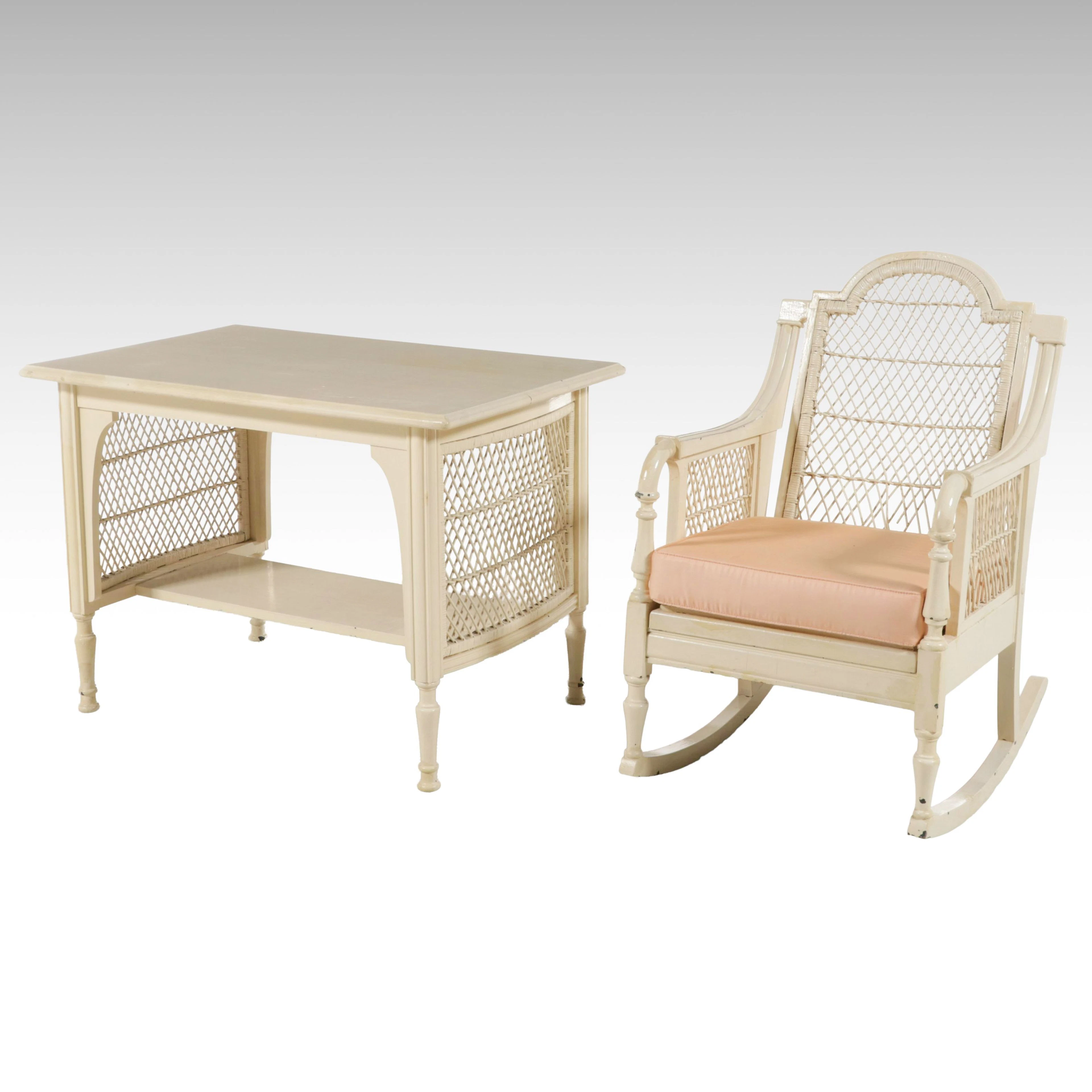 French Provincial Style Painted Wicker Wooden Console Table and Rocking Chair