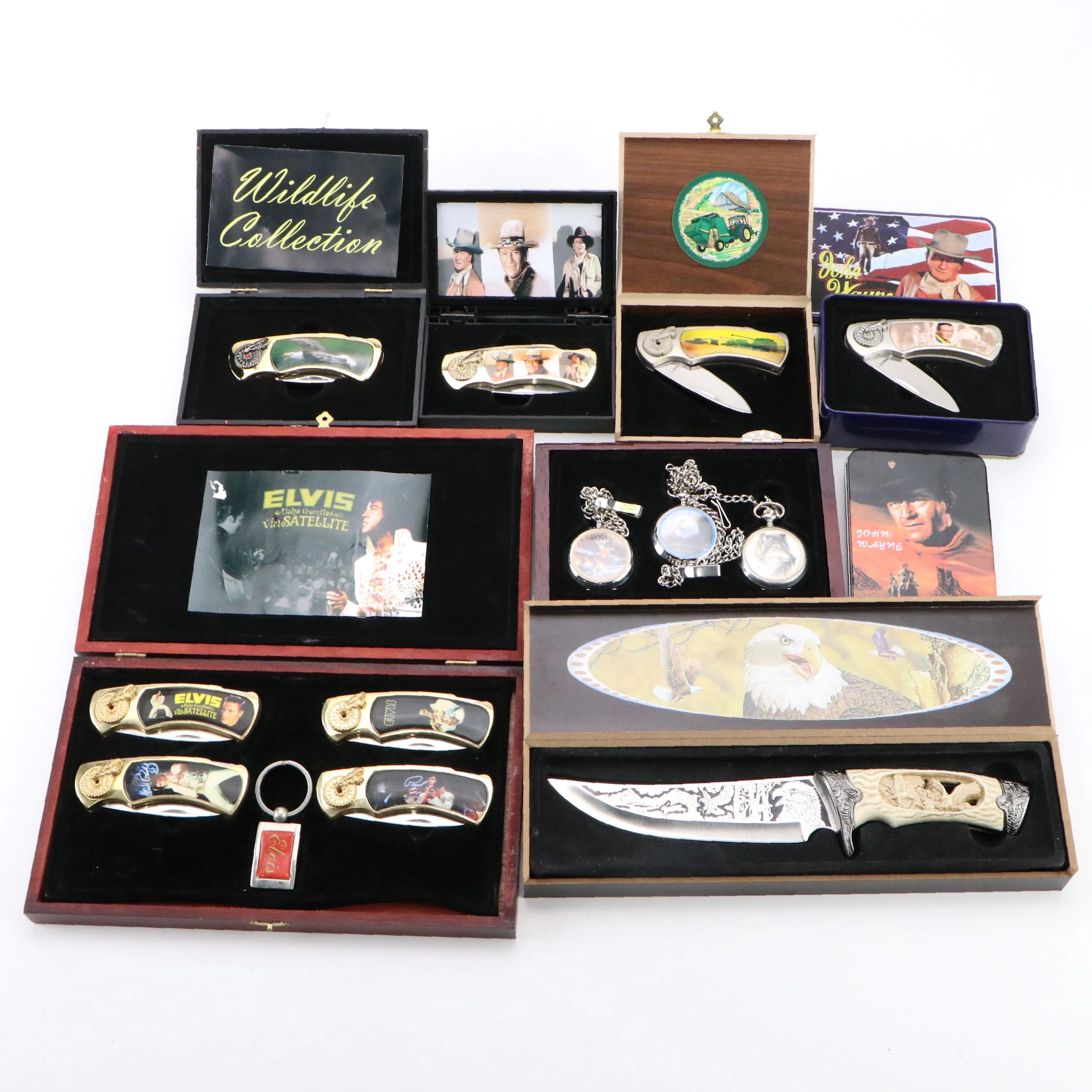 Elvis, John Wayne, and Wildlife Themed Knives with Westminster Pocket Watches