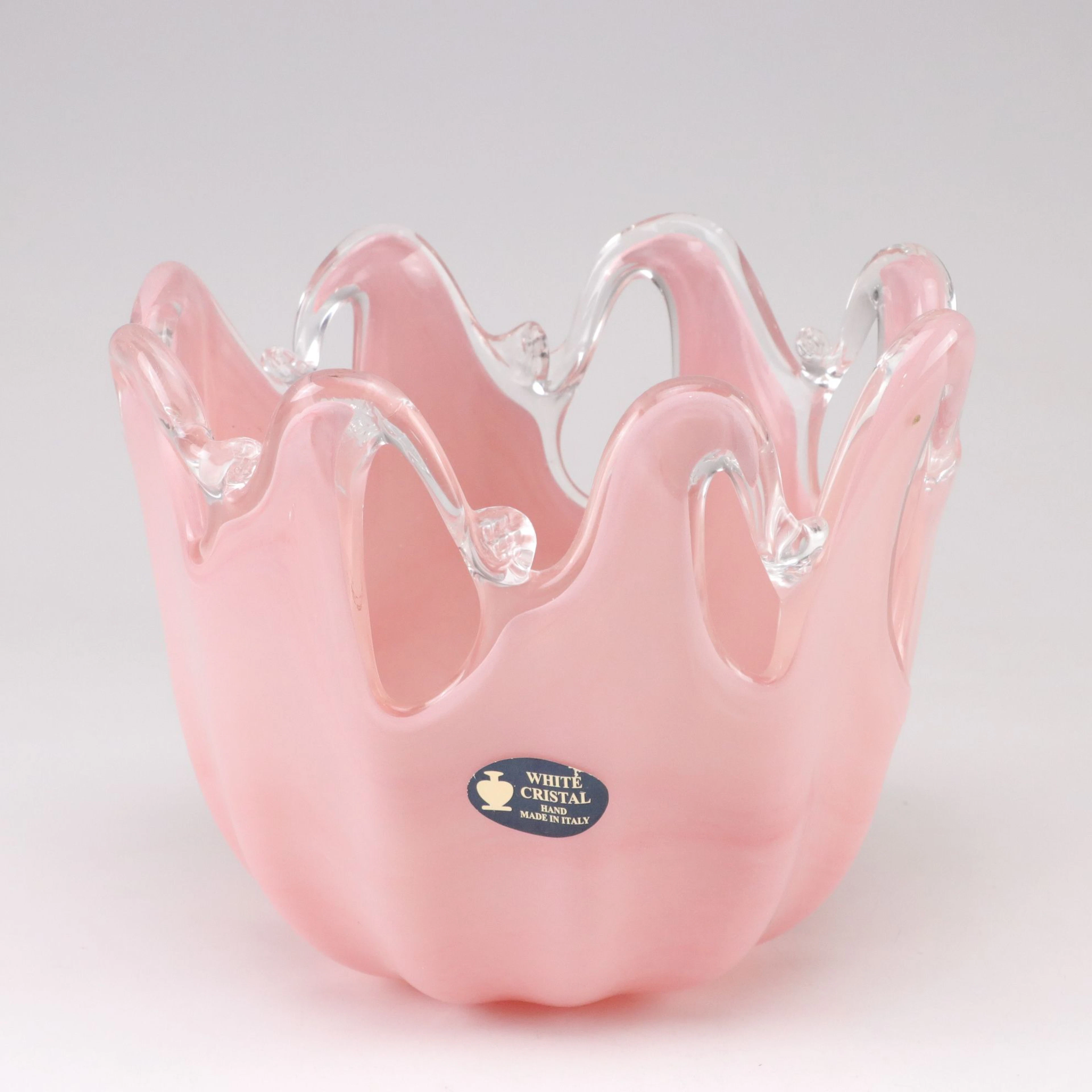 White Cristal Murano Blown Pink Cased Art Glass Vase