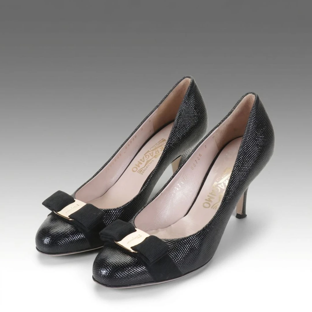 Salvatore Ferragamo Vara Bow Pumps in Black Embossed Leather