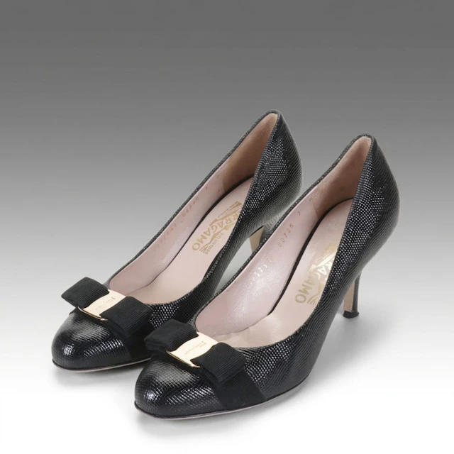 Salvatore Ferragamo Vara Bow Pumps in Black Embossed Leather