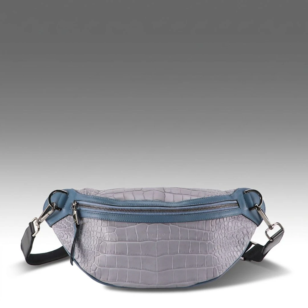 Jimmy Choo Fanny Pack in Grey Crocodile Embossed and Teal Blue Leather