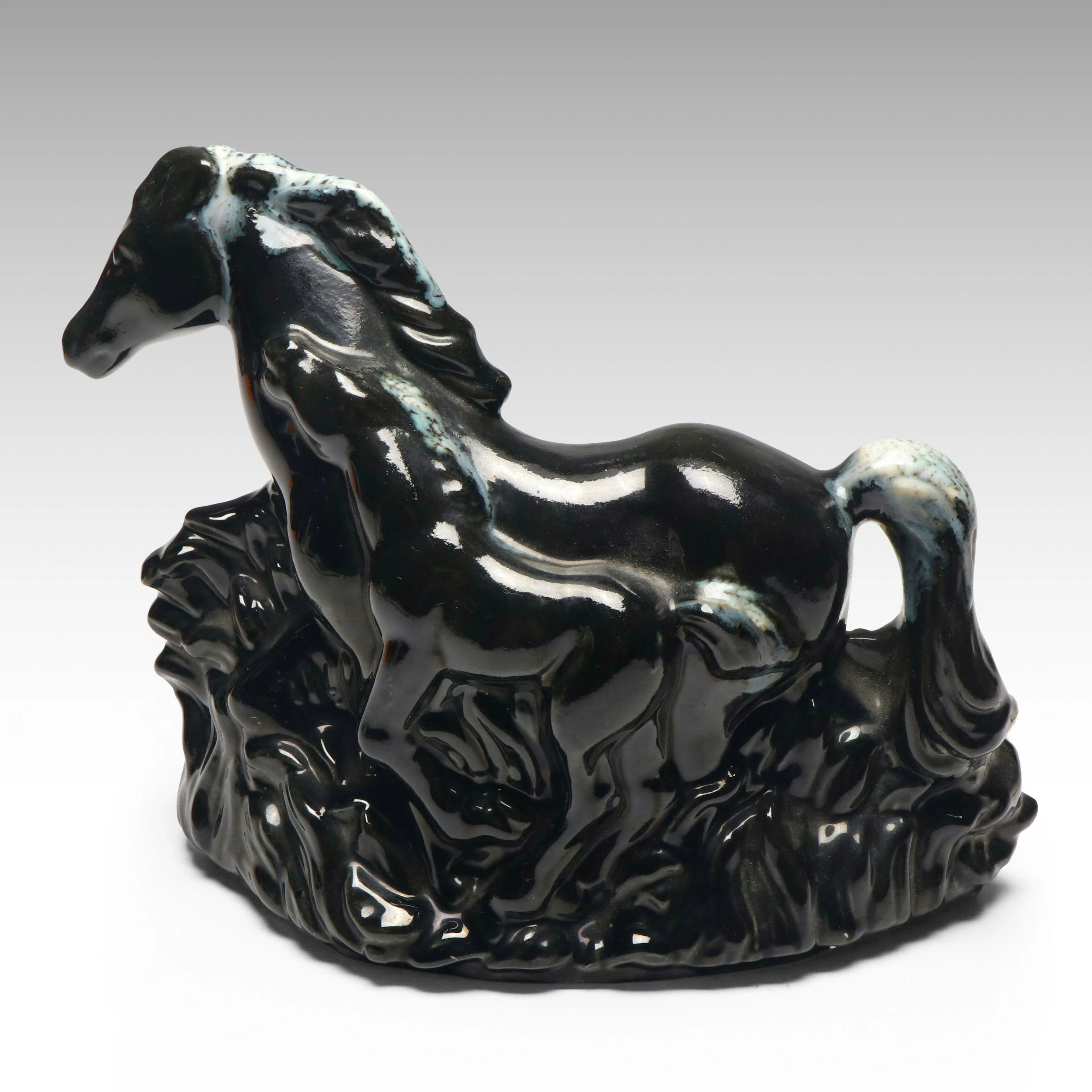 Mid Century Modern Black Ceramic Mare and Foal TV Lamp, Mid-20th Century
