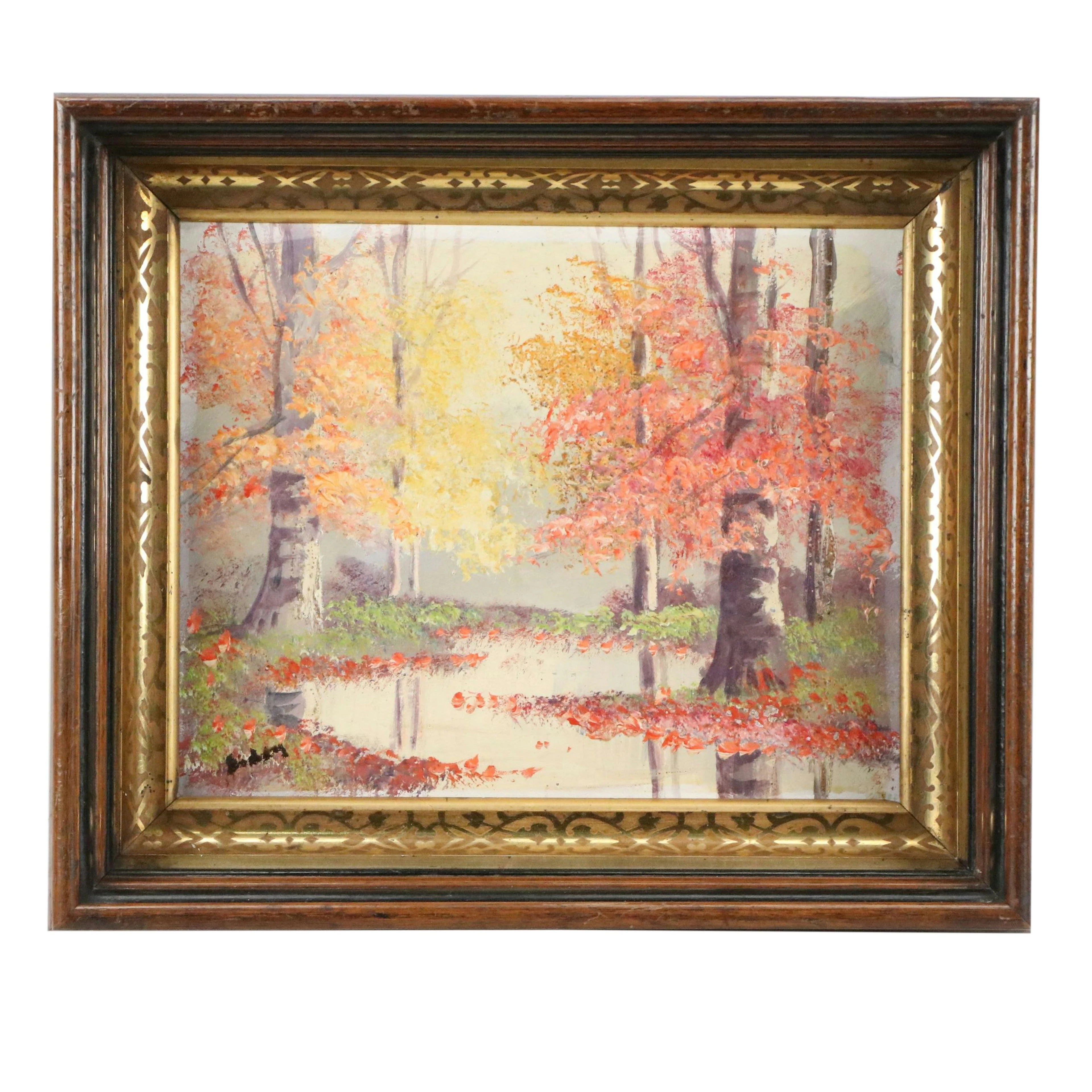 Impressionistic Oil Painting of Autumnal Woodland Scene, 20th Century
