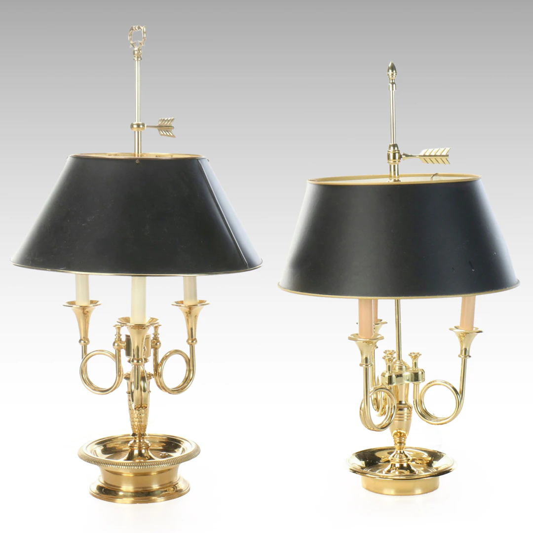 Pair of Neoclassical Bouillotte Style Table Lamps with Black Shades