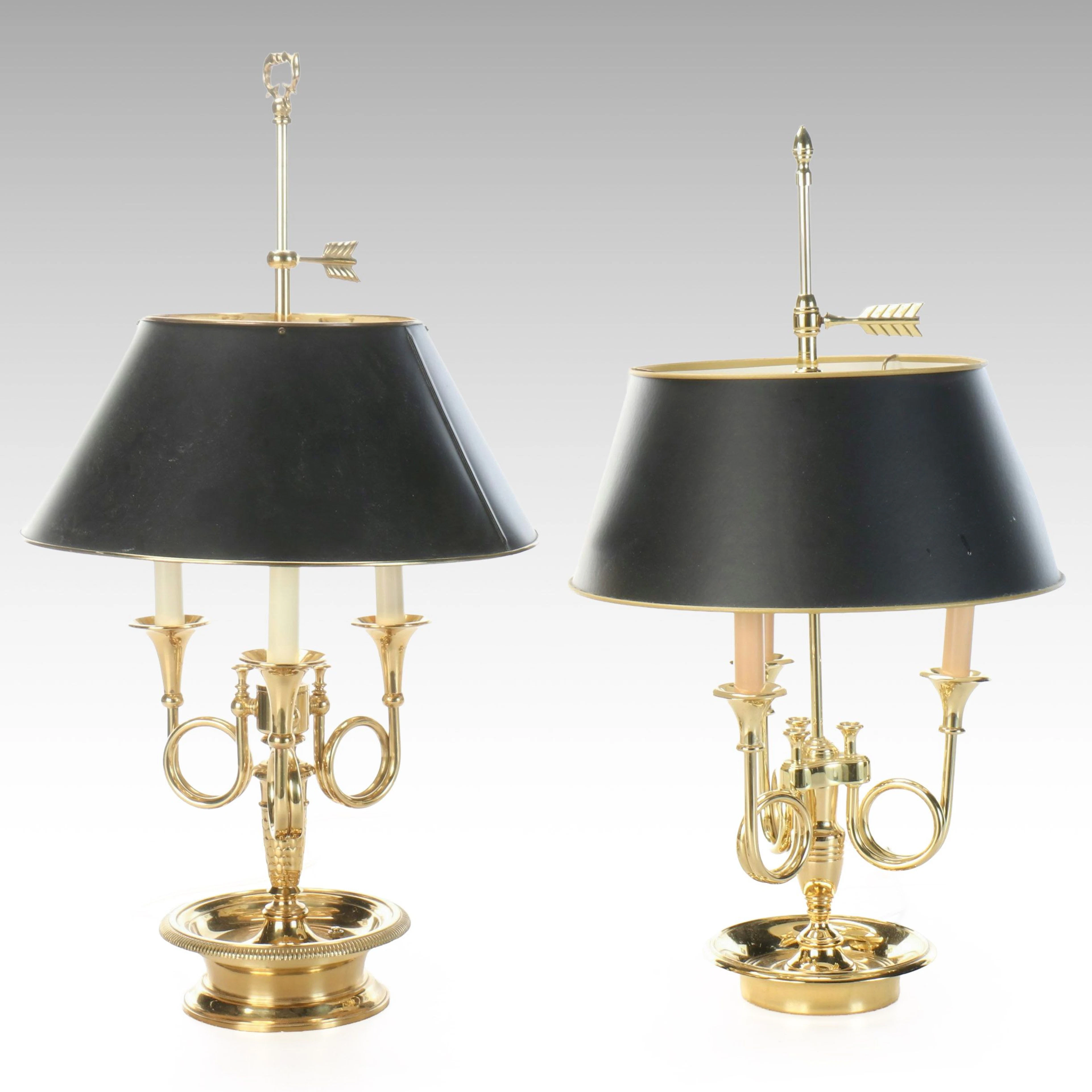 Pair of Neoclassical Bouillotte Style Table Lamps with Black Shades