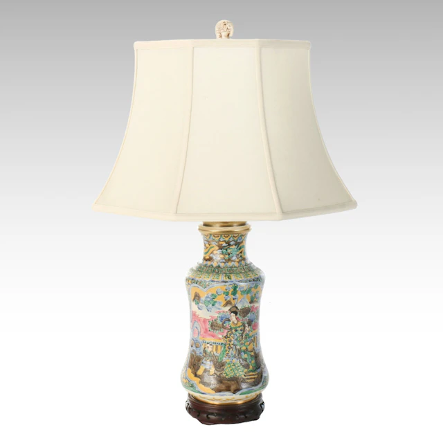Chinese Moriage Style Hand-Painted Porcelain Table Lamp