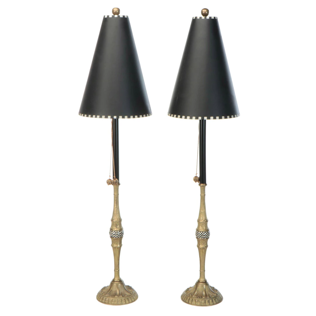 Neoclassical Style Console Lamps with Checker Banding and Black Cone Shades