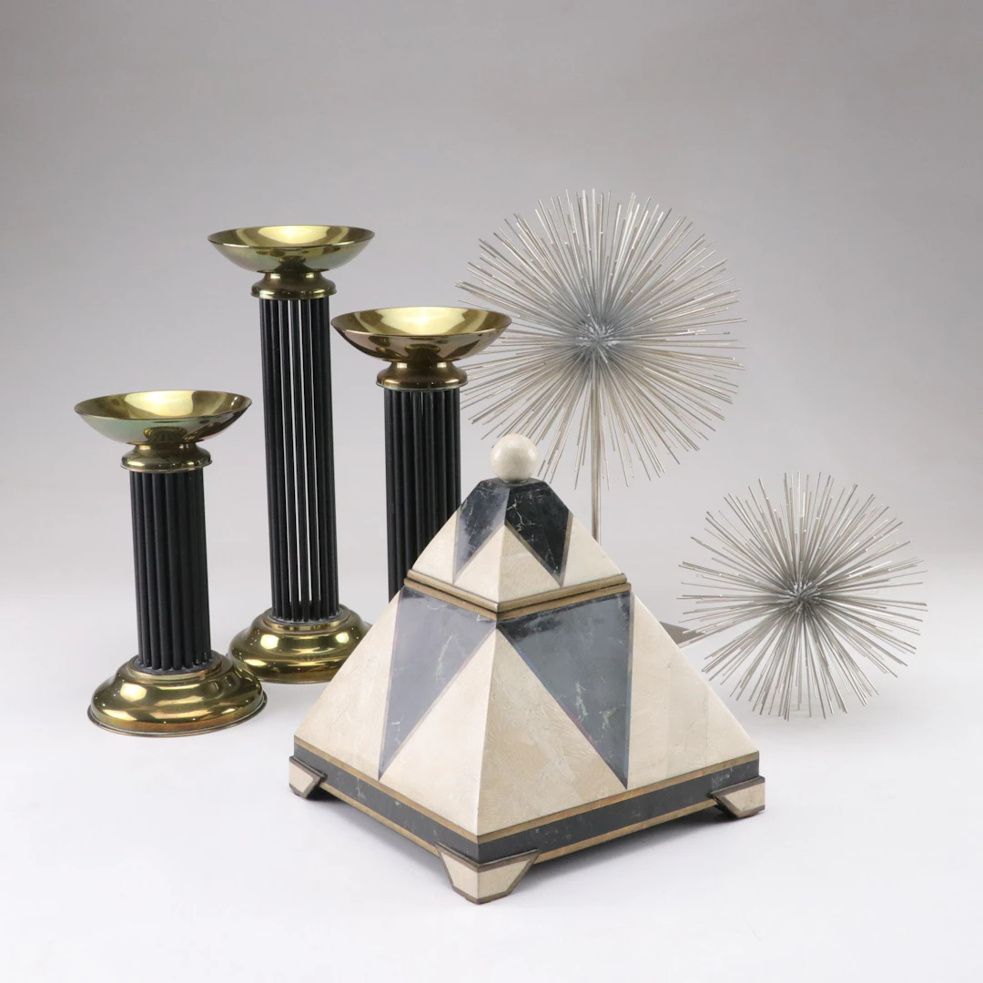 Three Tiered Candle Holders, Decorative Pyramid Box, & Two Starburst Spheres