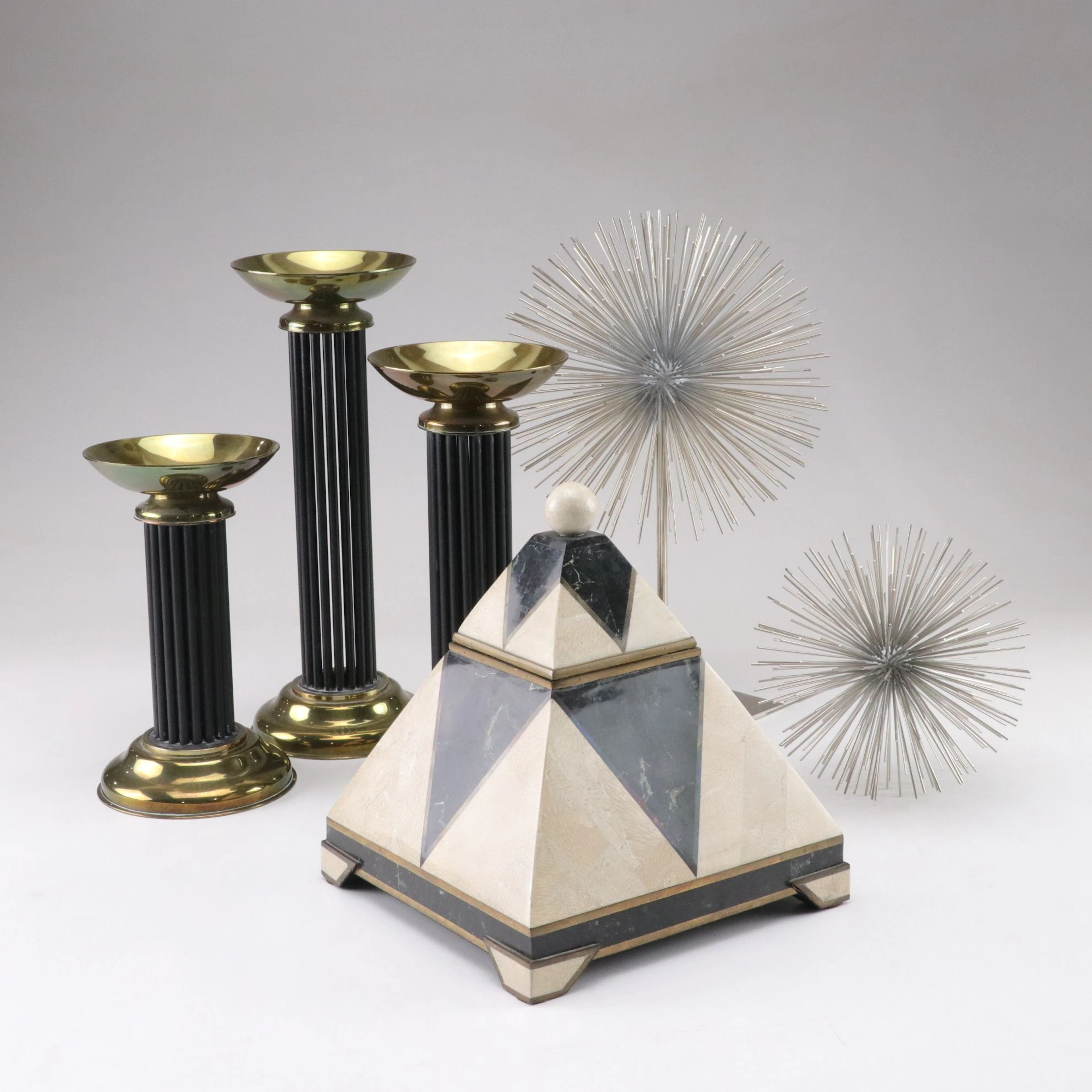 Three Tiered Candle Holders, Decorative Pyramid Box, & Two Starburst Spheres