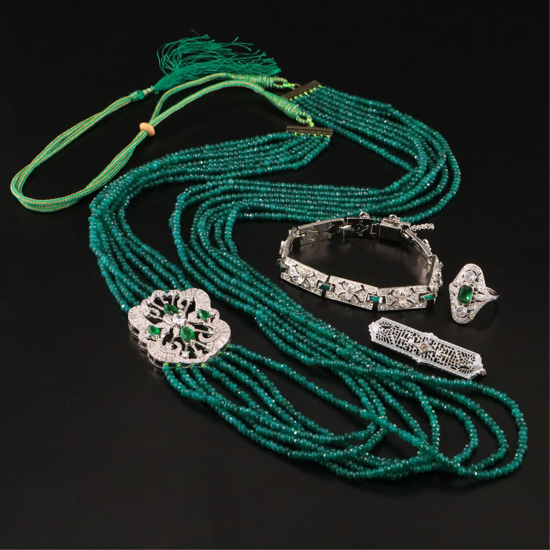 Green Quartz Bead Necklace and Rhinestone Jewelry Including Art Deco Style