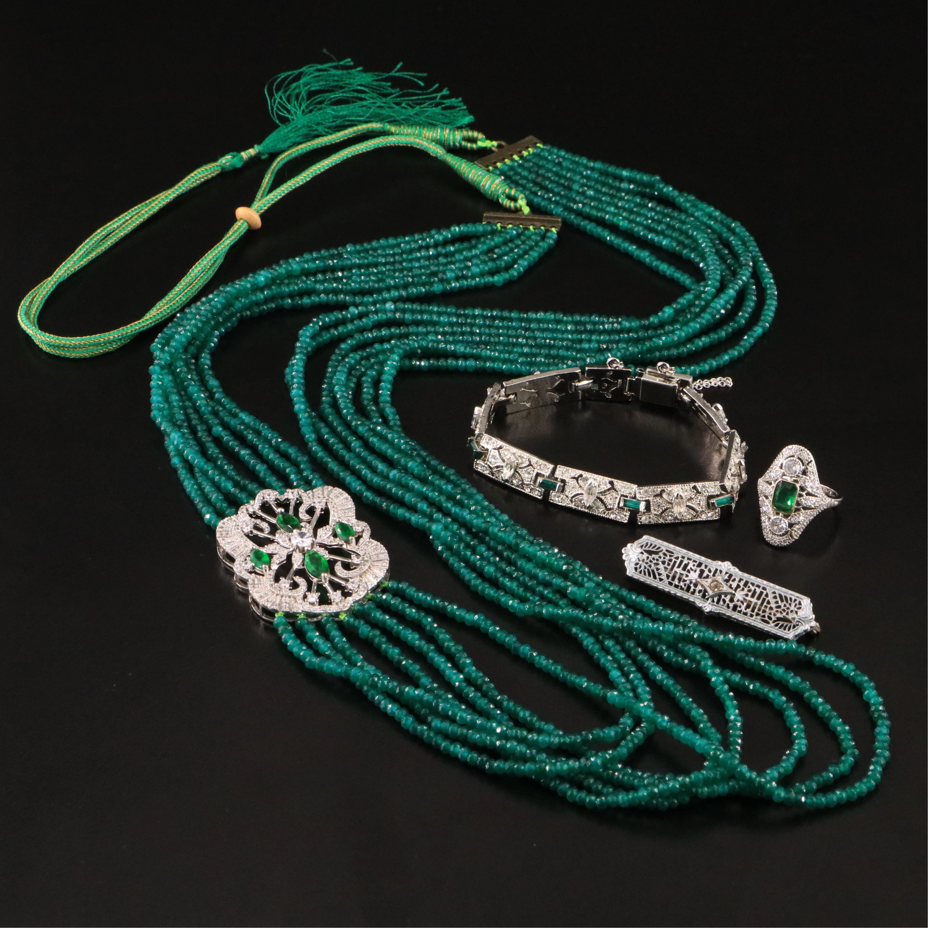 Green Quartz Bead Necklace and Rhinestone Jewelry Including Art Deco Style