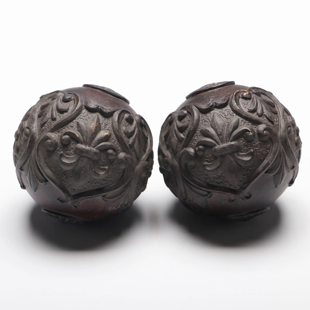 Carved Wooden Decorative Sphere Pair