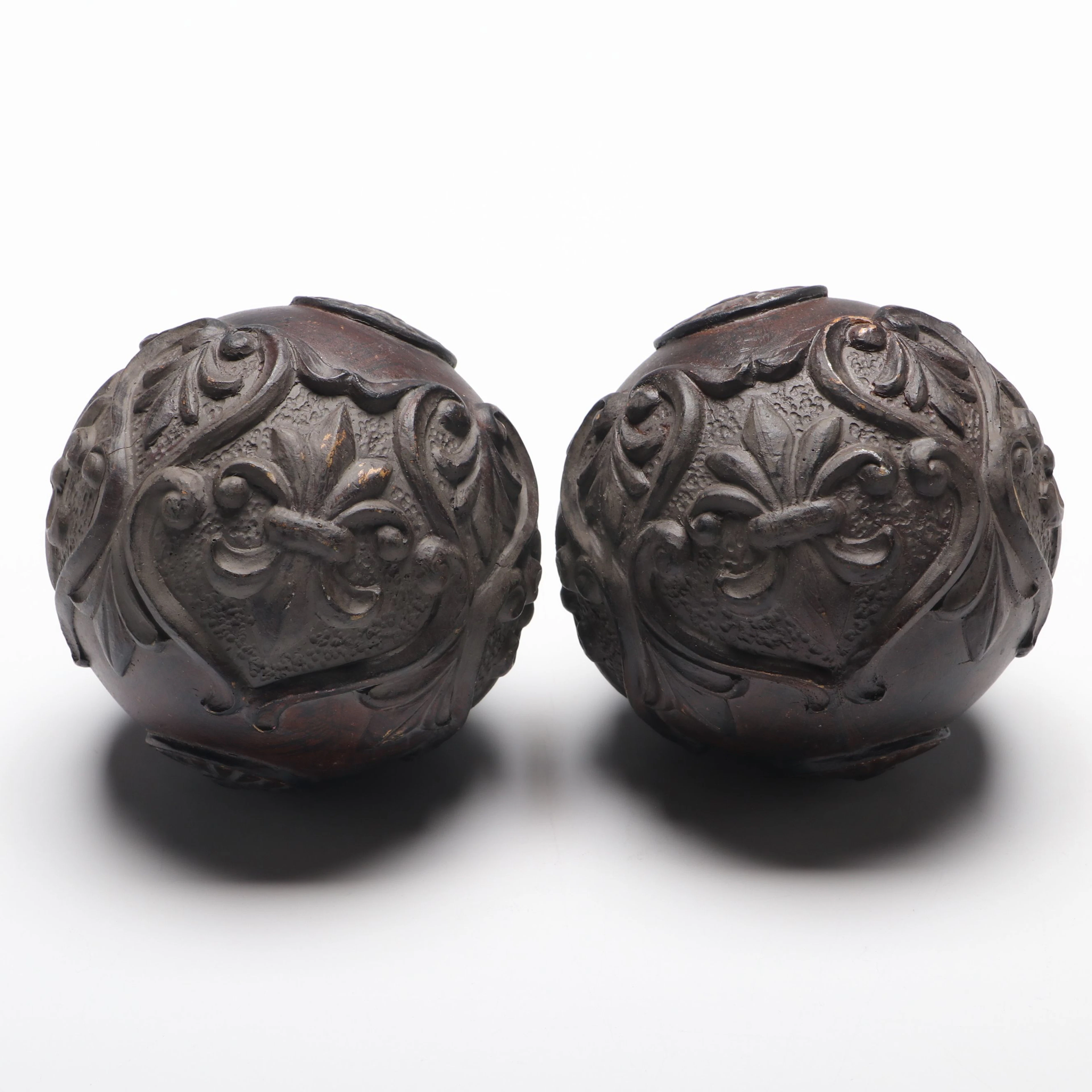 Carved Wooden Decorative Sphere Pair