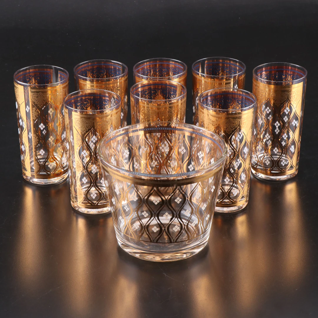 Mid Century Modern Style Gold Gilt Glass Highballs and Ice Bucket