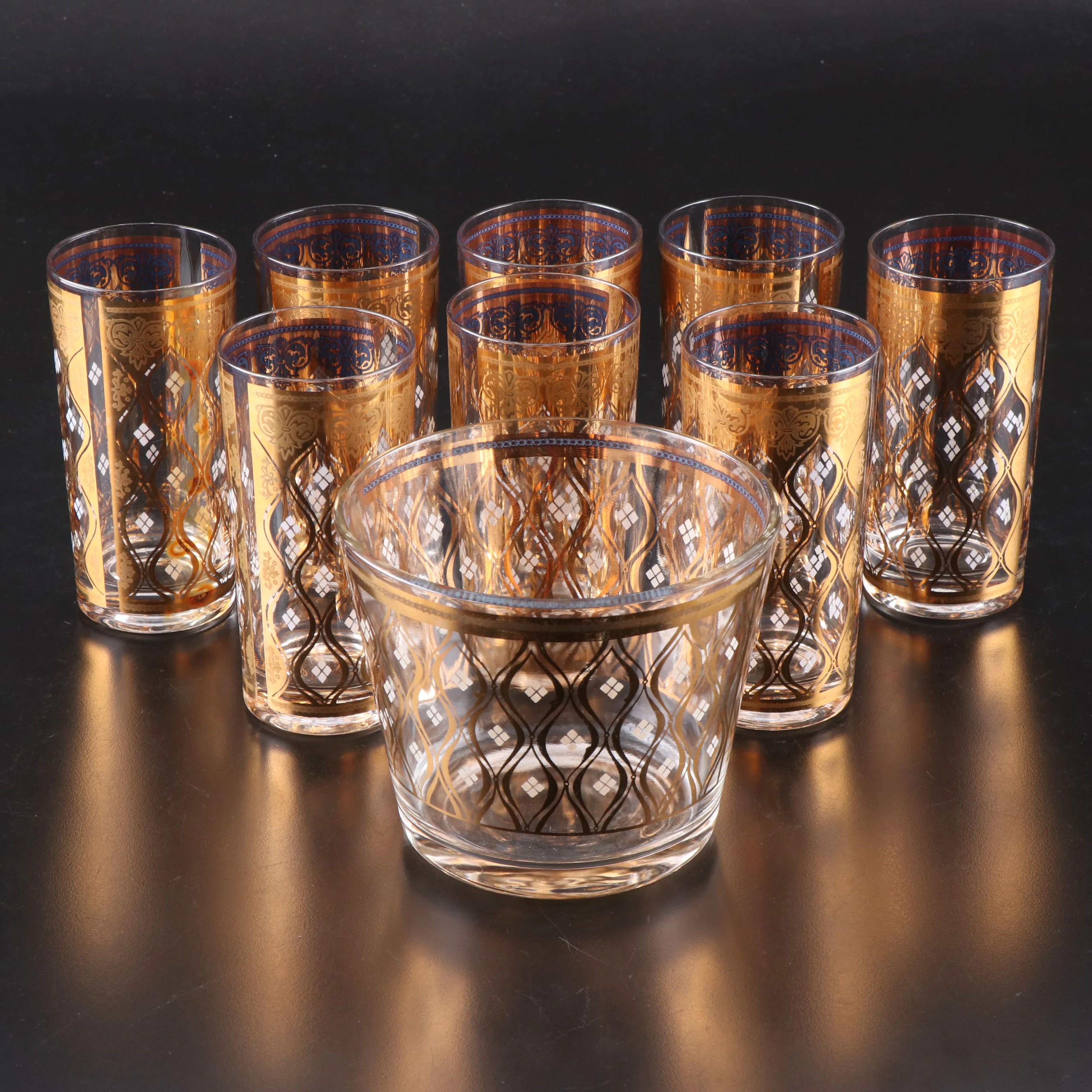Mid Century Modern Style Gold Gilt Glass Highballs and Ice Bucket