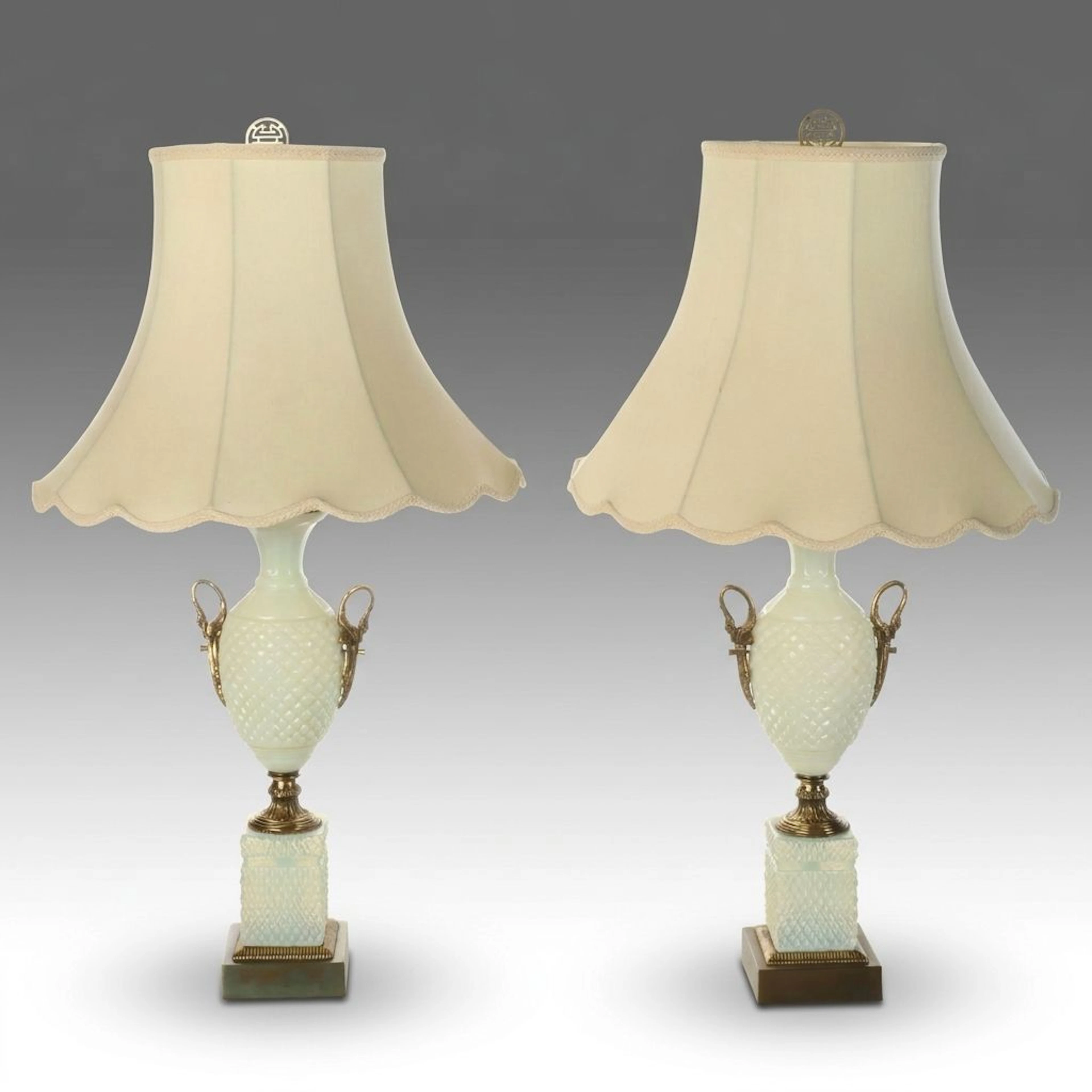 Pair of Neoclassical Style Glass and Brass Urn Table Lamps, Mid to Late 20th C.
