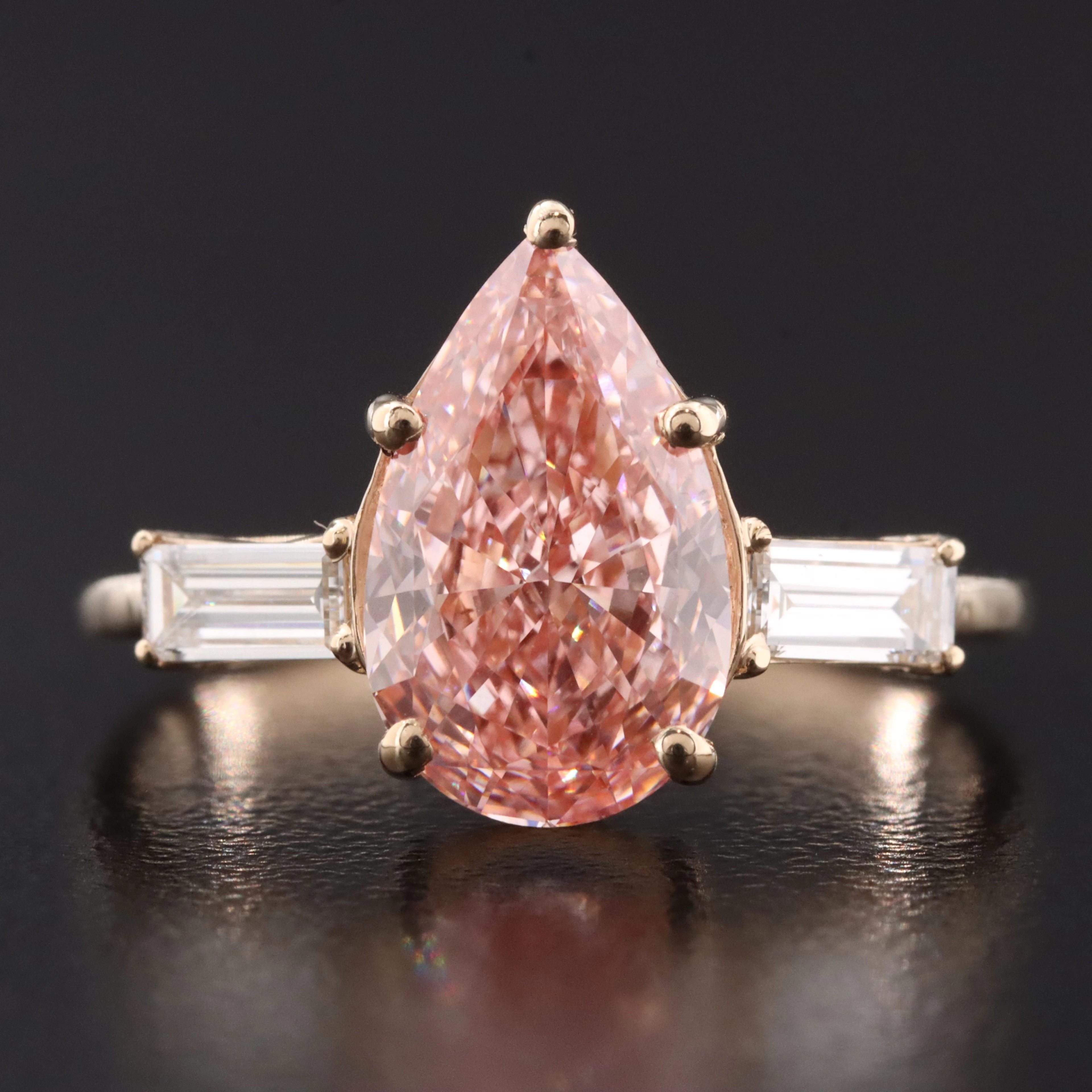 14K 2.82 CTW Lab Grown Diamond Ring with Fancy Vivid Pink Center & IGI Report