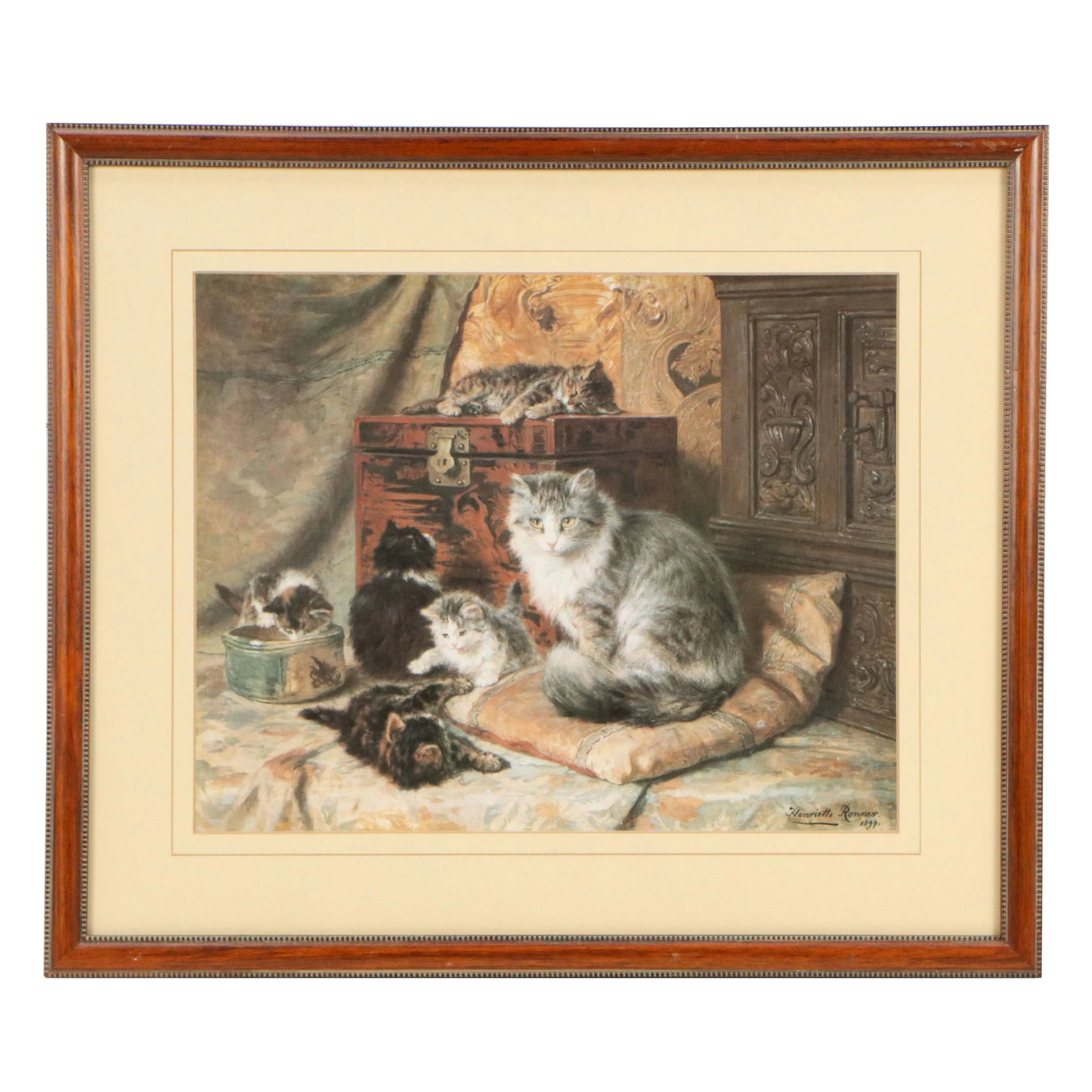 After Henriette Ronner-Knip Offset Lithograph of Cat and Kittens