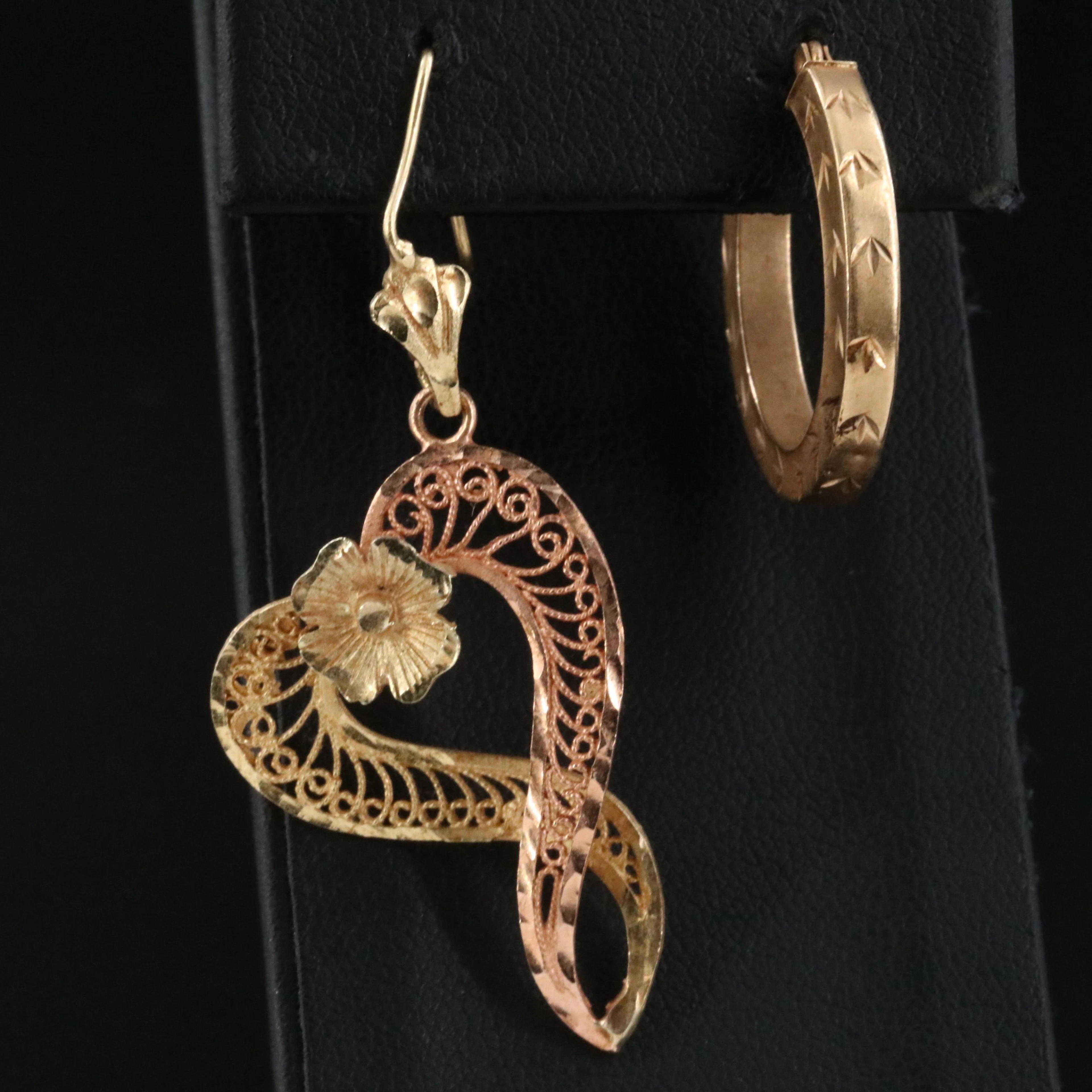 Single 14K Hoop and Heart Earrings with Rose Gold Accent