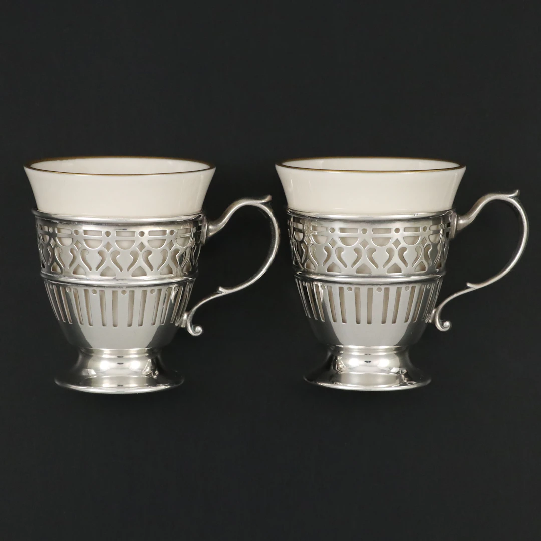 Tiffany & Co. Sterling Silver Openwork Zarfs with Porcelain Cups