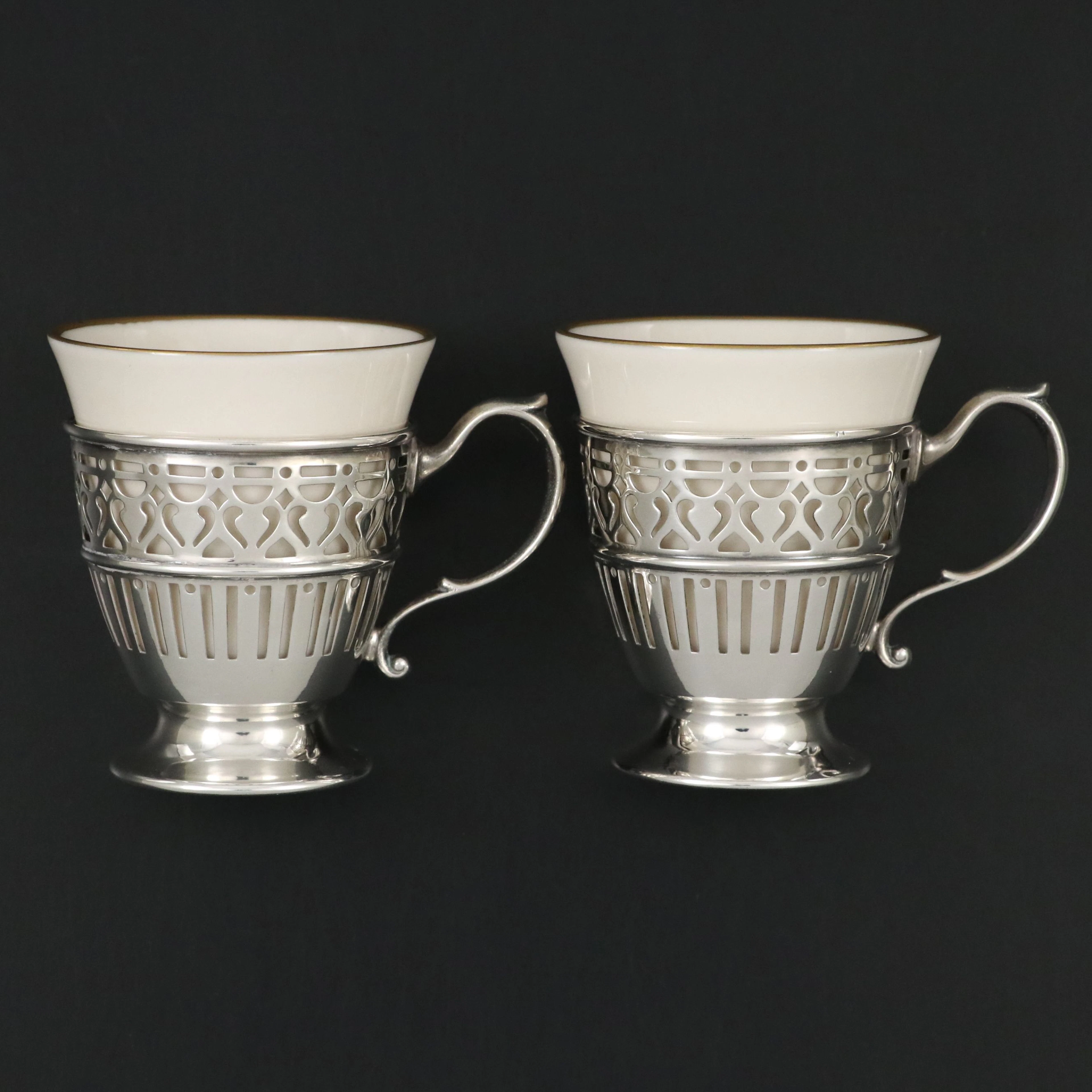 Tiffany & Co. Sterling Silver Openwork Zarfs with Porcelain Cups