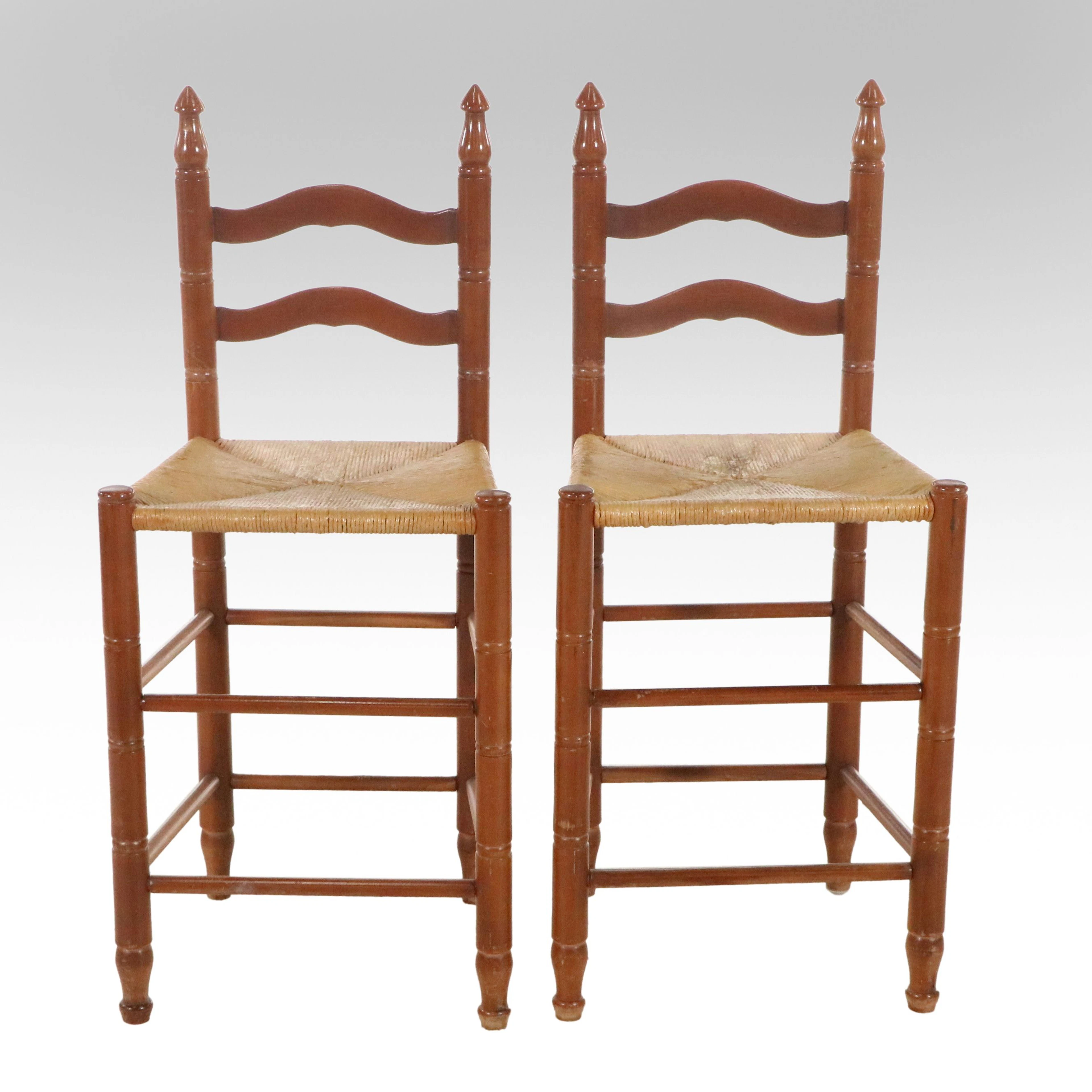 Pair of French Country Style Ladder-Back Rush Seat Stools, Late 20th Century
