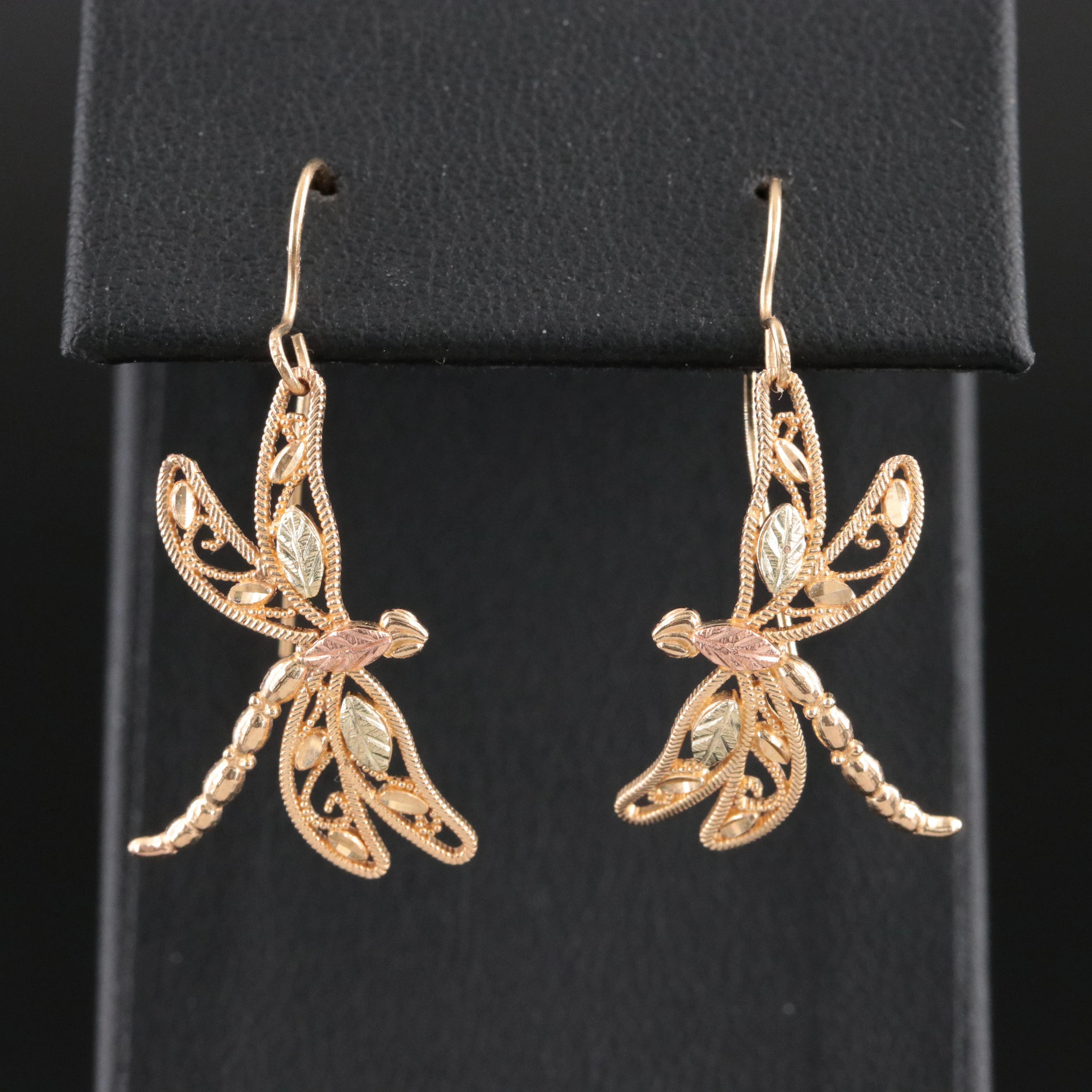 Coleman Black Hills Gold 10K Dragonfly Earrings with Rose and Green