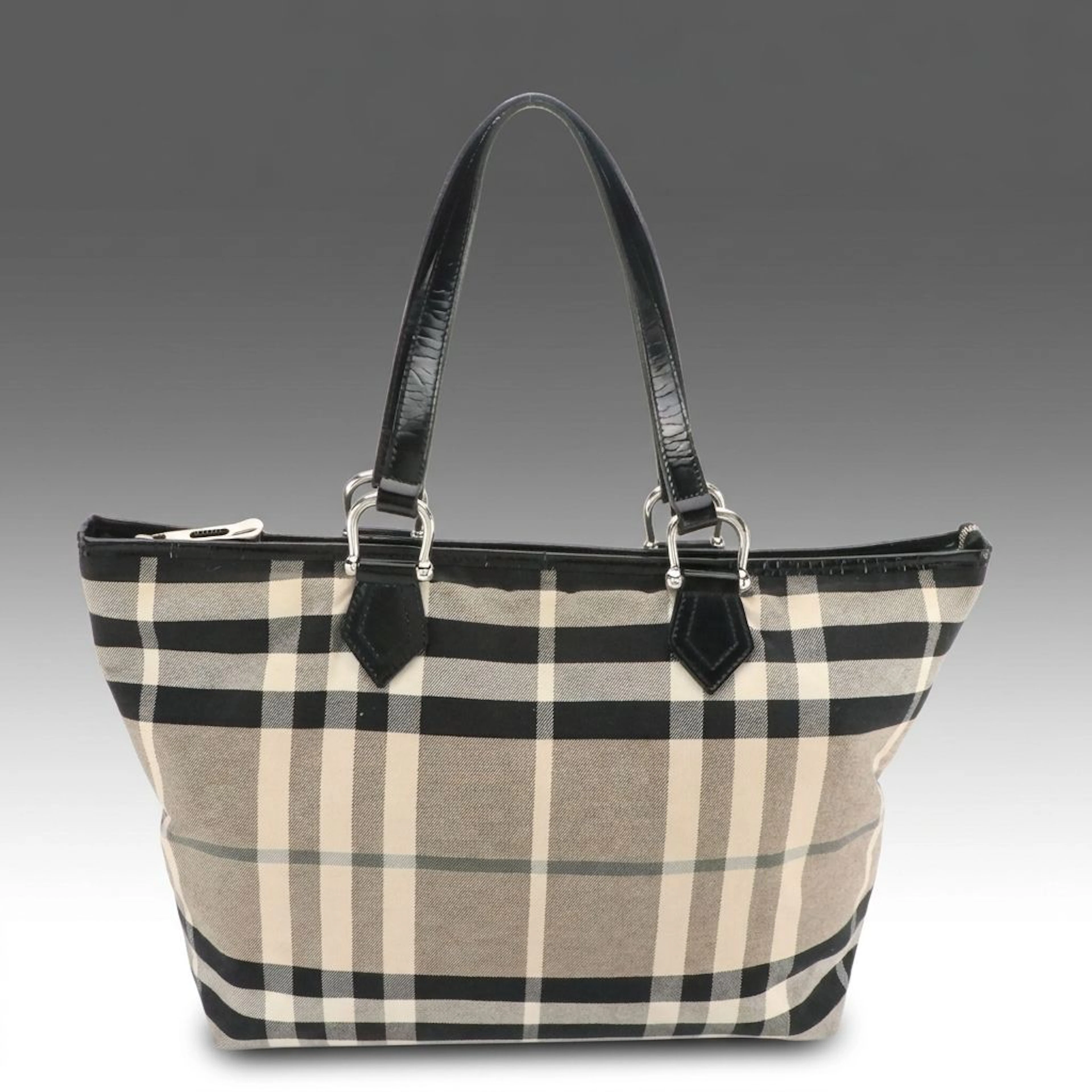 Burberry Beat Check and Black Patent Leather Zip-Top Tote Bag