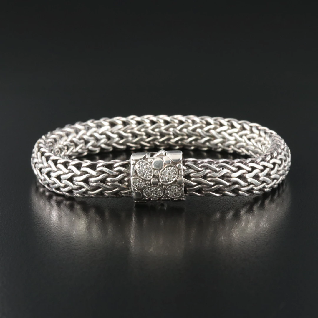 John Hardy Sterling Men's Classic Chain Bracelet with Diamond Kali Pebble Clasp