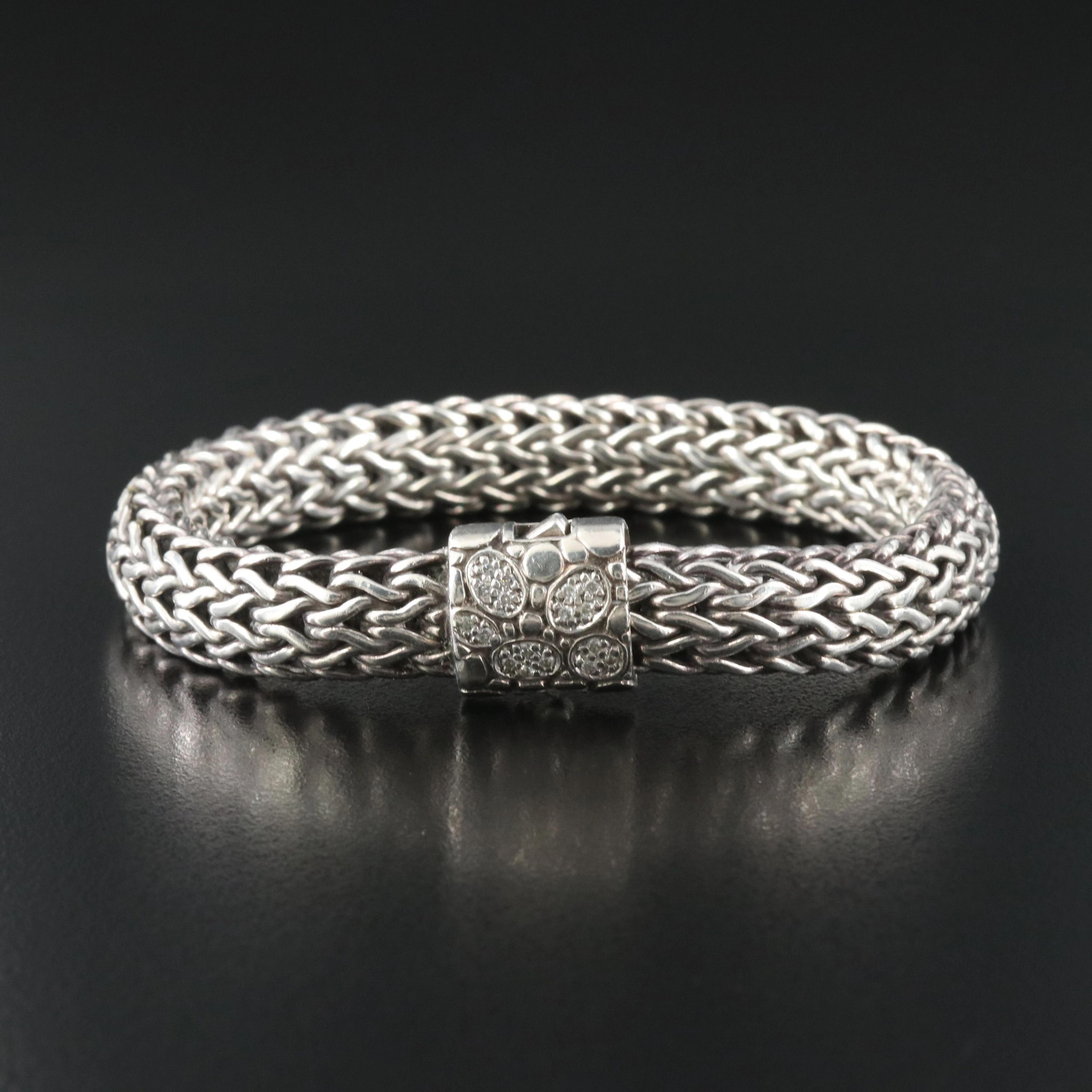John Hardy Sterling Men's Classic Chain Bracelet with Diamond Kali Pebble Clasp