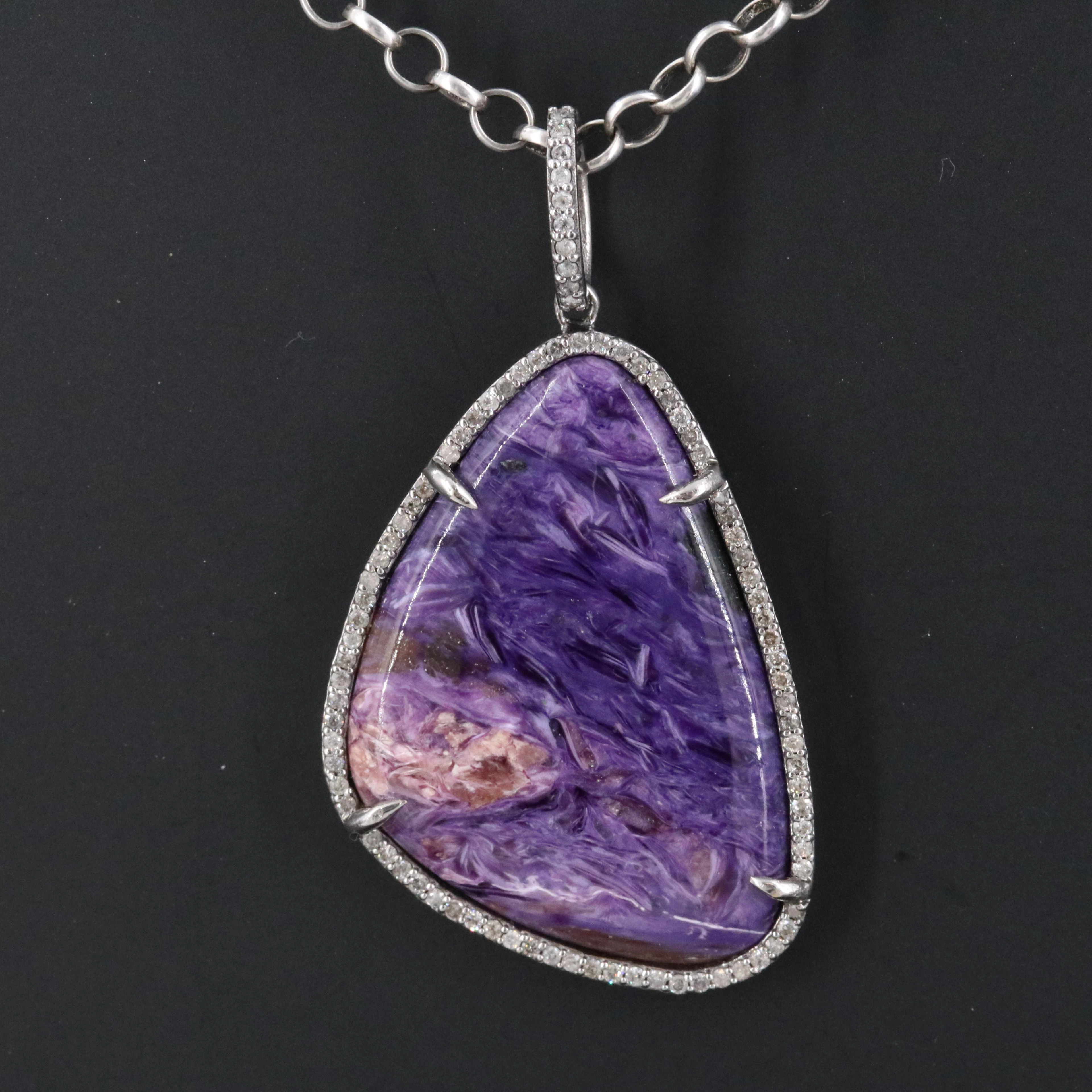 Sheryl Lowe Sterling Pendant Charoite and Diamond Necklace