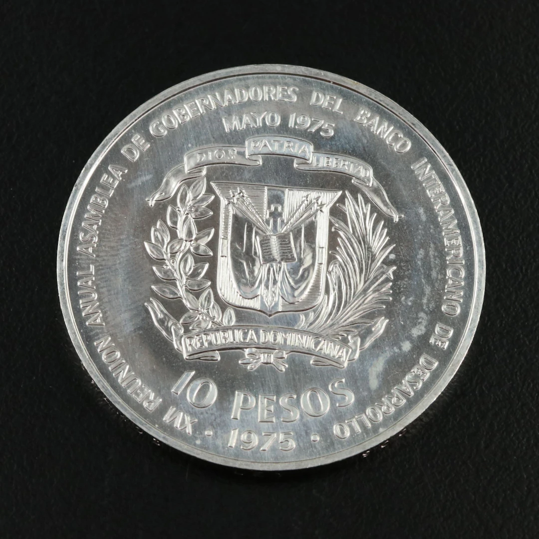 1975 Dominican Republic Silver Commemorative Ten Peso Coin
