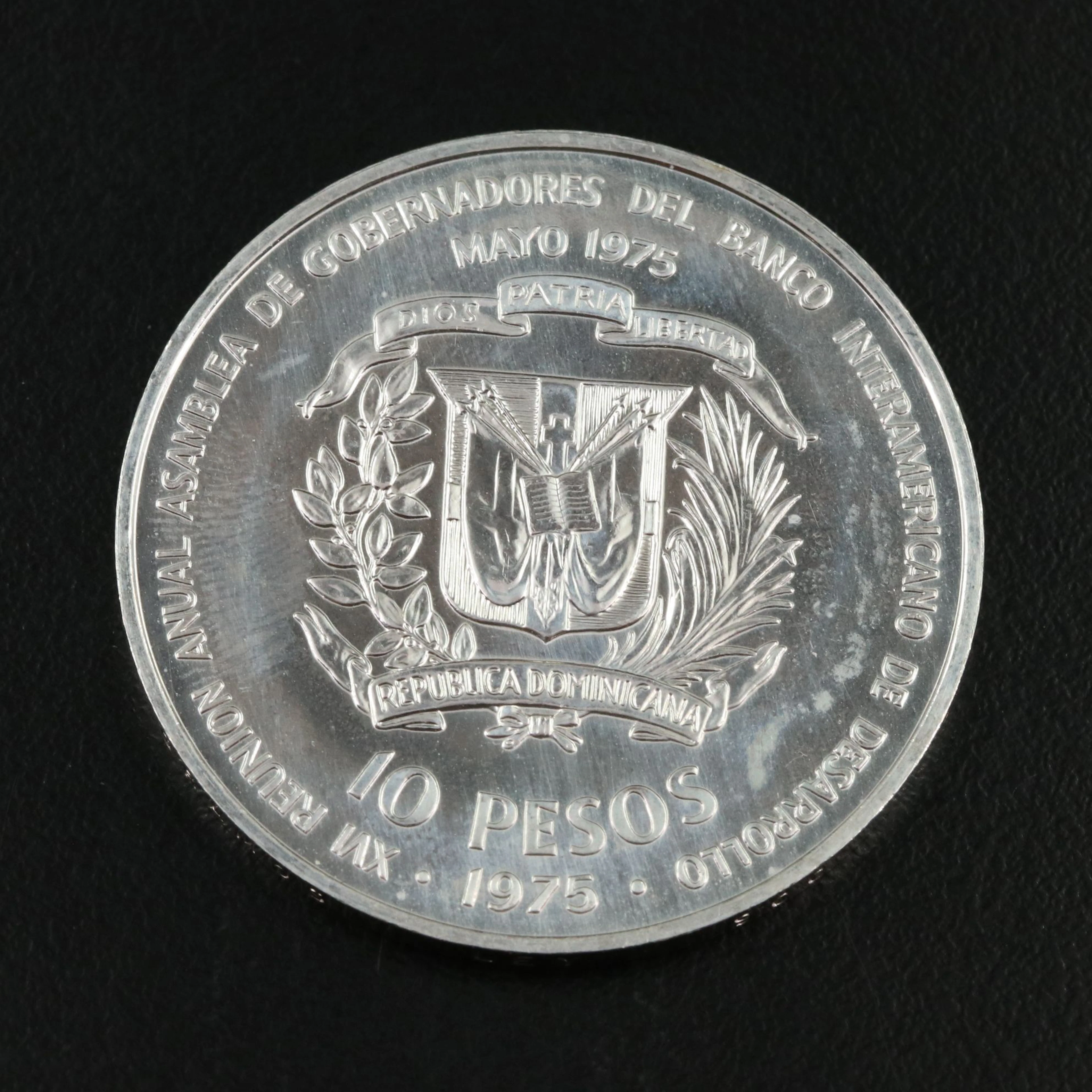 1975 Dominican Republic Silver Commemorative Ten Peso Coin