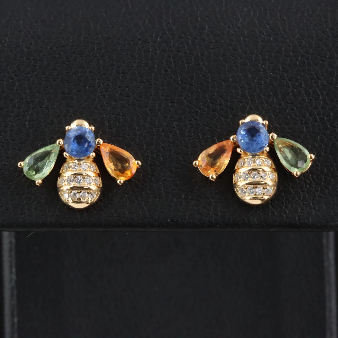 Sterling Sapphire and CZ Bee Earrings