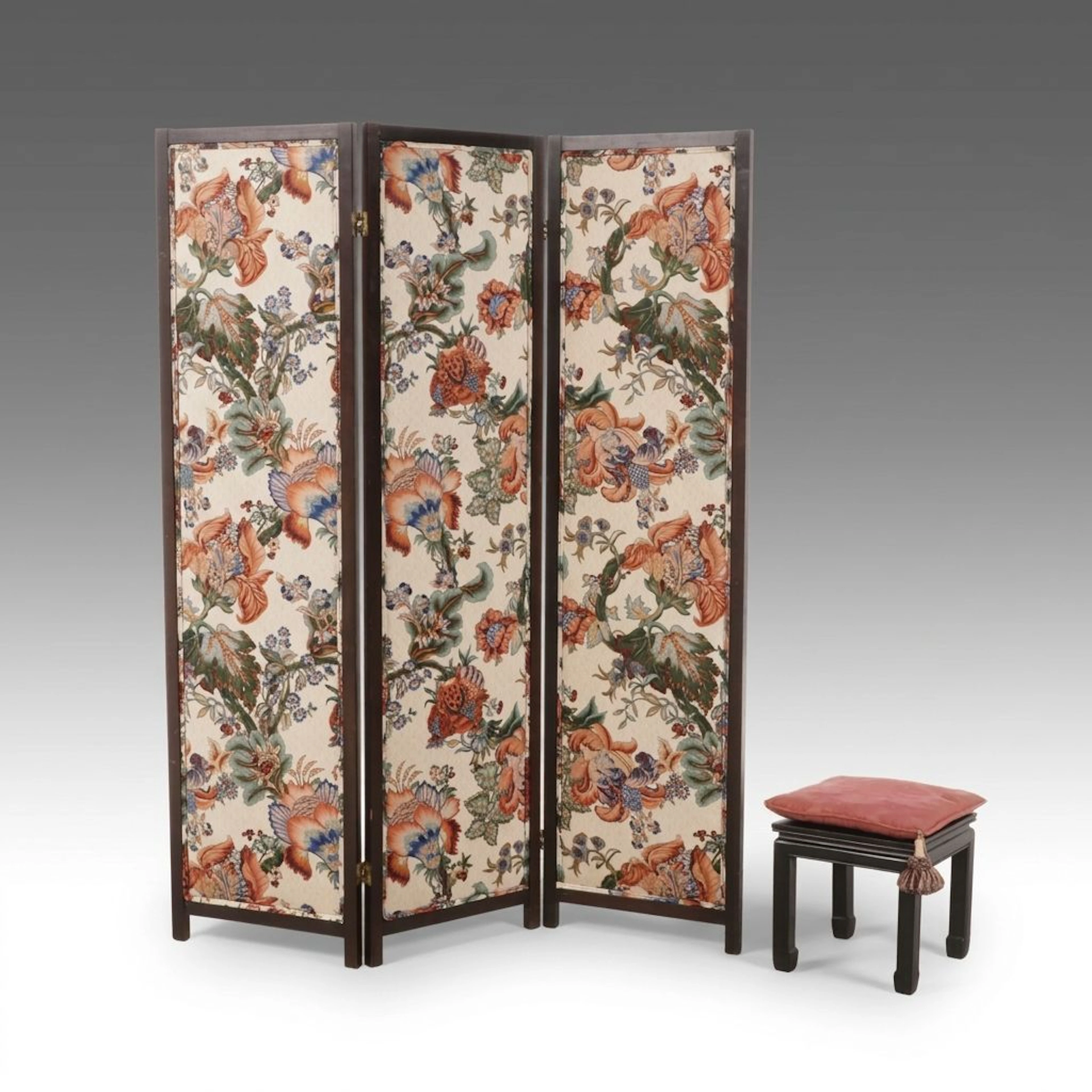 Chinese Folding Screen and Black Lacquer Footstool with Tasseled Damask Cushion