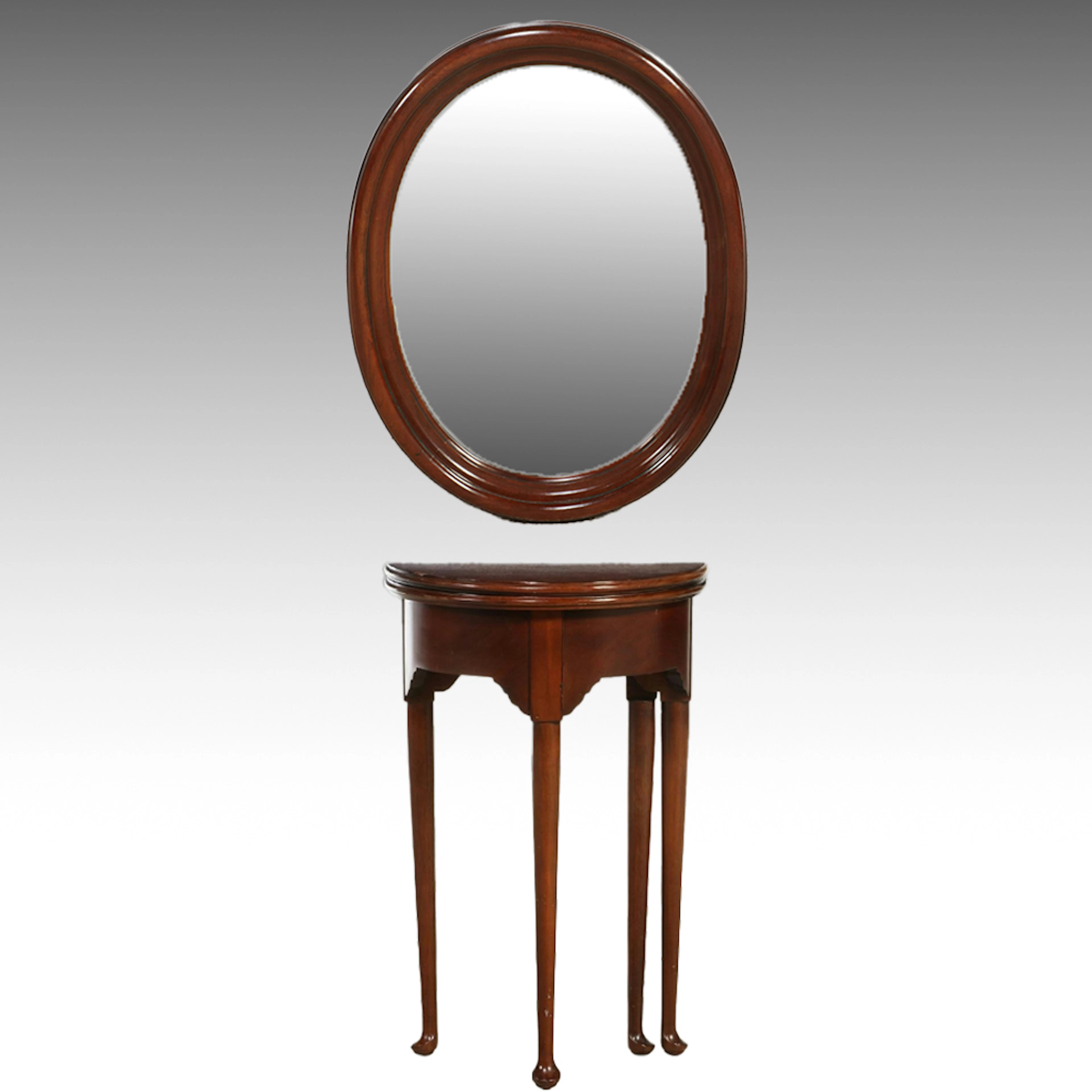 Queen Anne Style Demilune Flip-Top Table with Wall Mirror