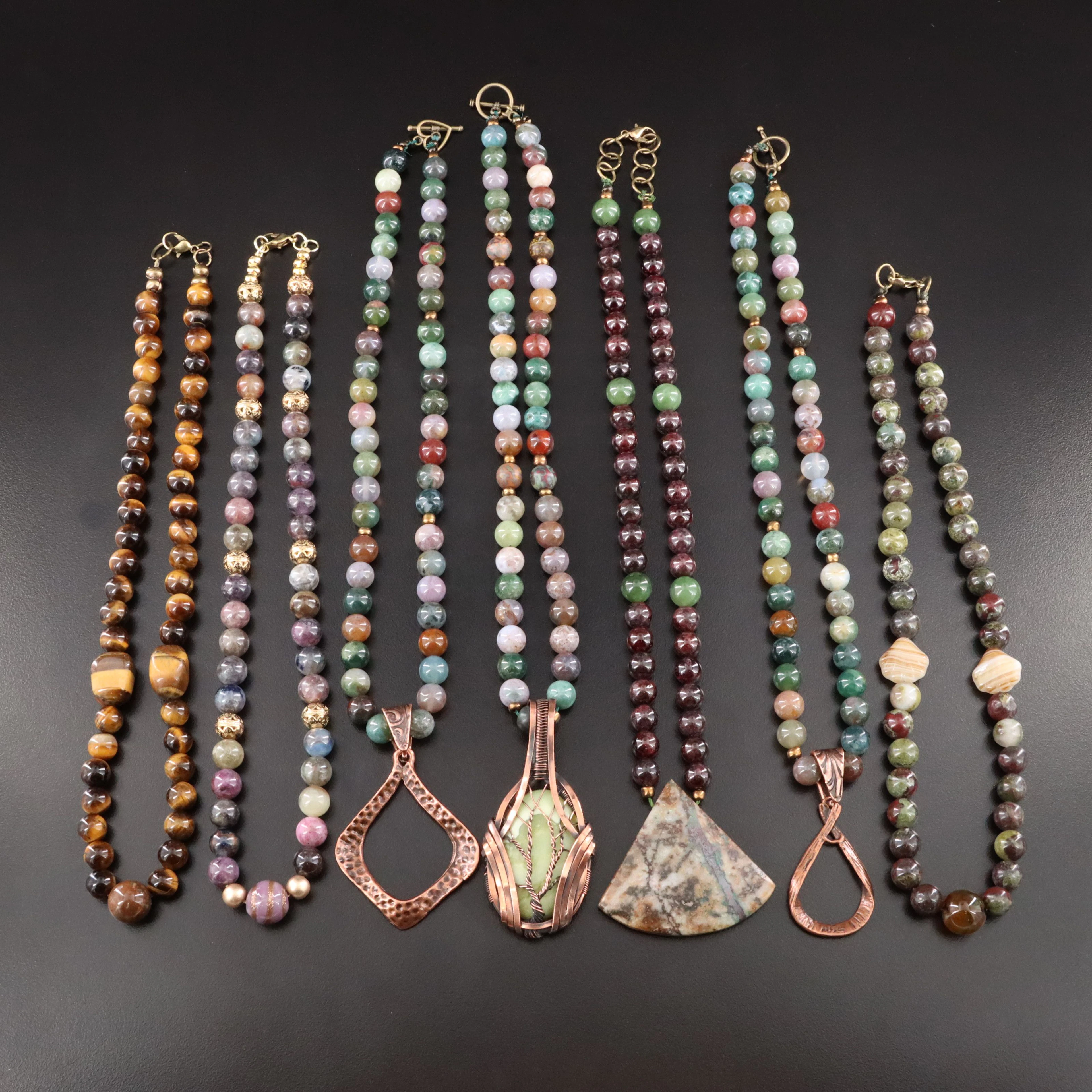Agate, Tiger's Eye and Garnet Necklaces Including Copper Wire Wrap Pendant