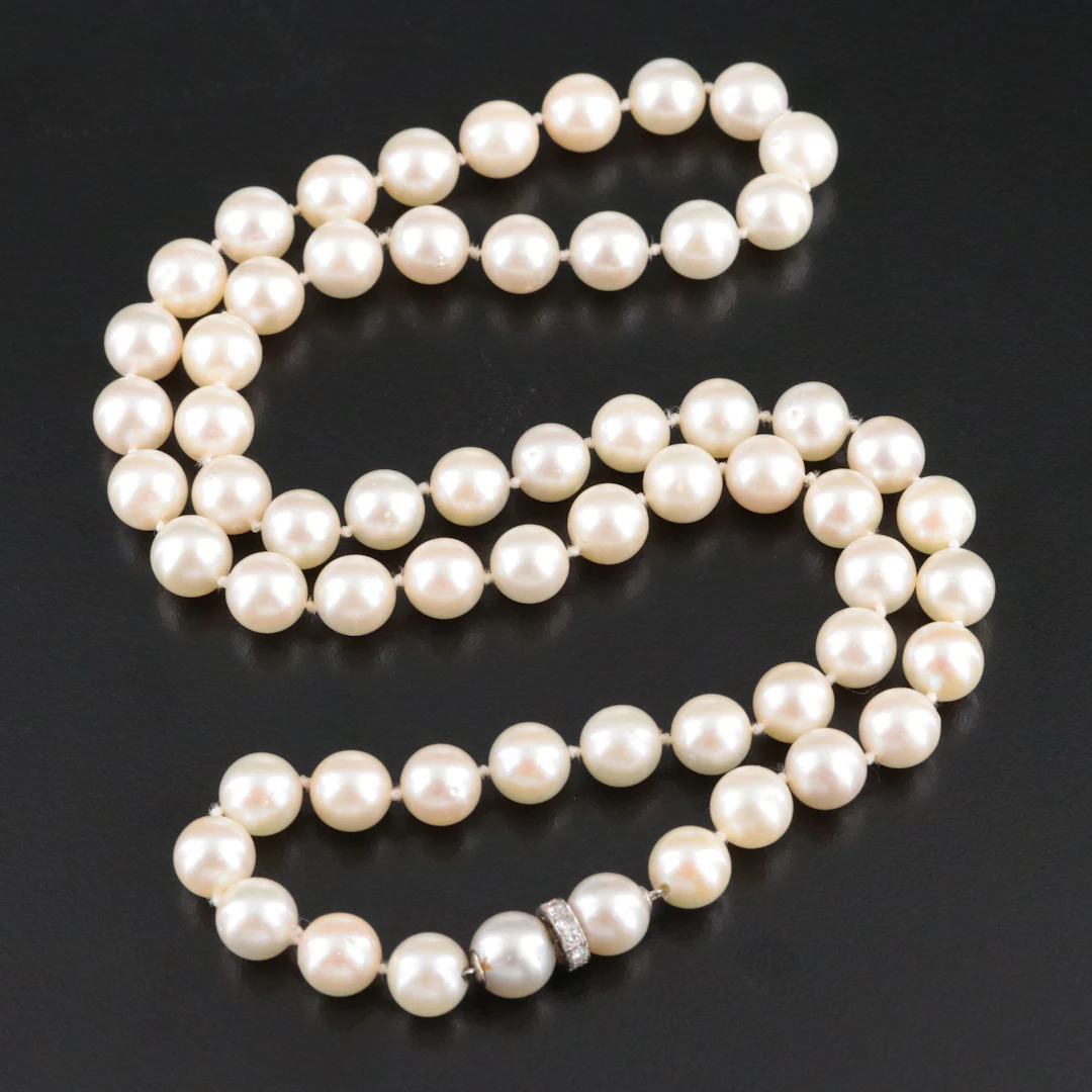 14K Pearl Necklace with Diamond Accented Clasp