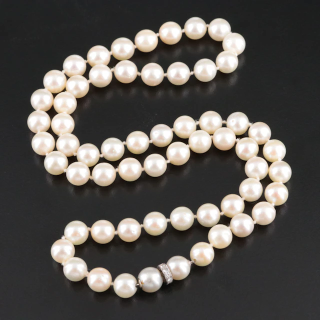 14K Pearl Necklace with Diamond Accented Clasp