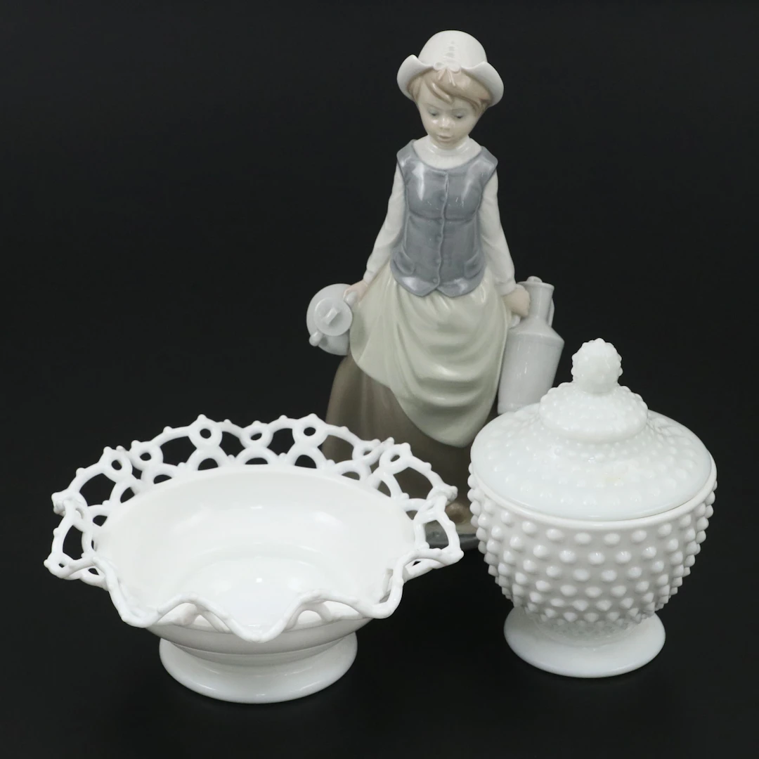 Lladró "Milk Maid" Porcelain Figurine with Other Milk Glass Bowl and Lidded Jar