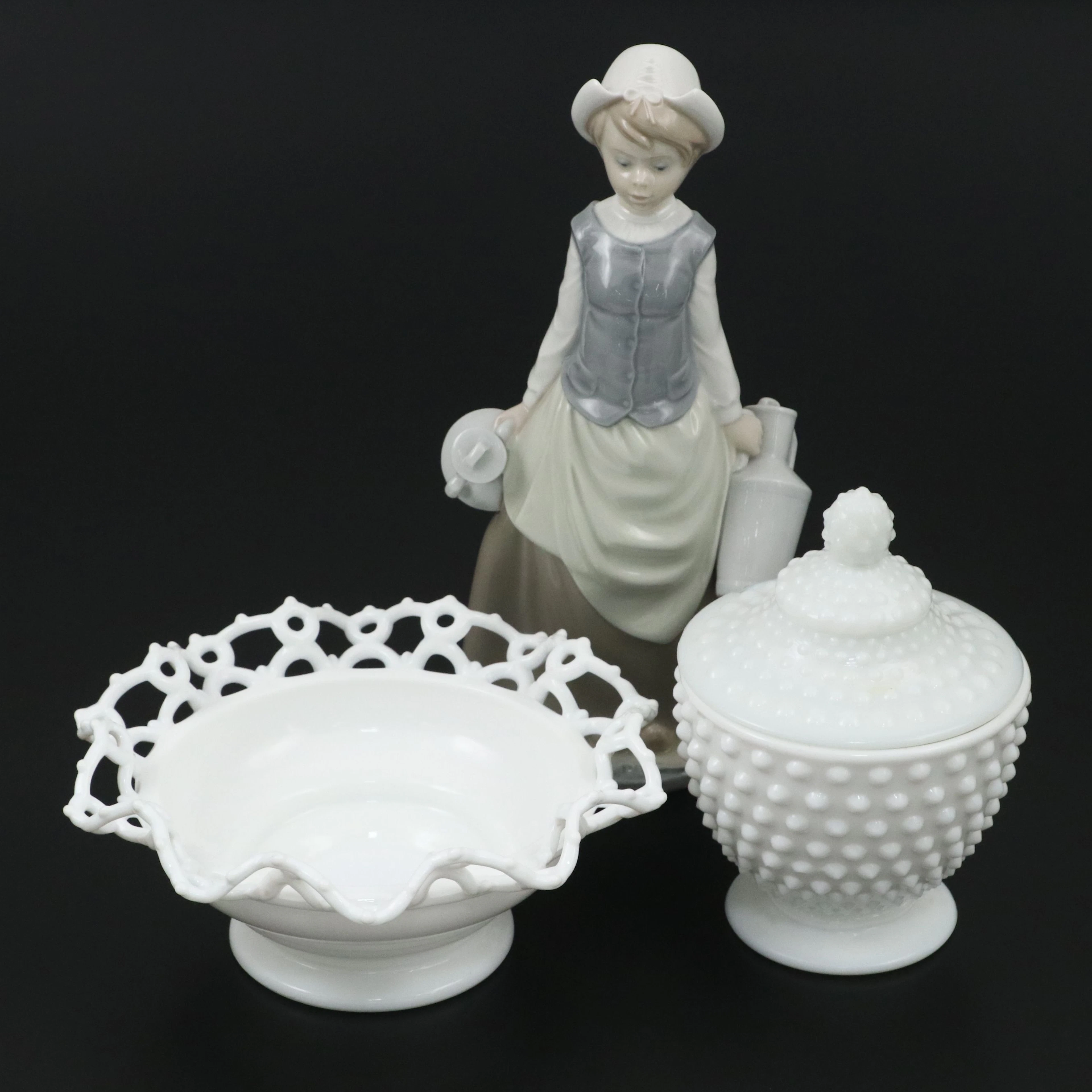 Lladró "Milk Maid" Porcelain Figurine with Other Milk Glass Bowl and Lidded Jar