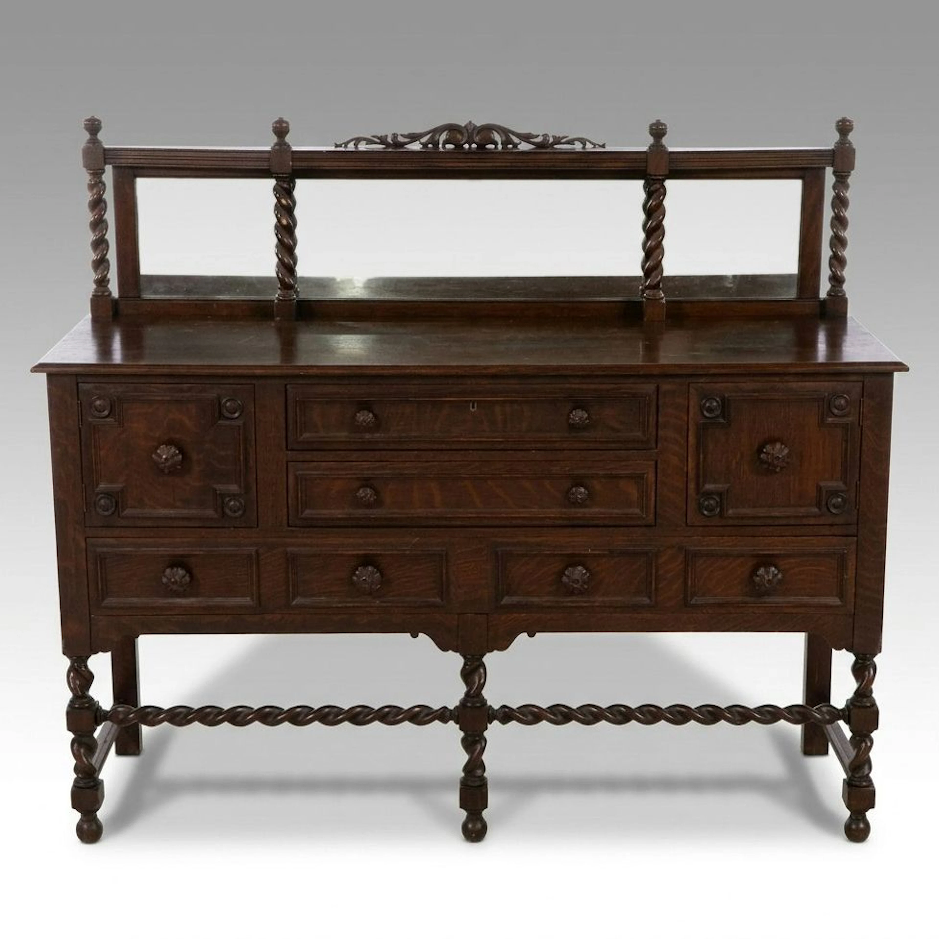 Snyder Furniture Co. Jacobean Revival Oak Mirrored Sideboard, Early