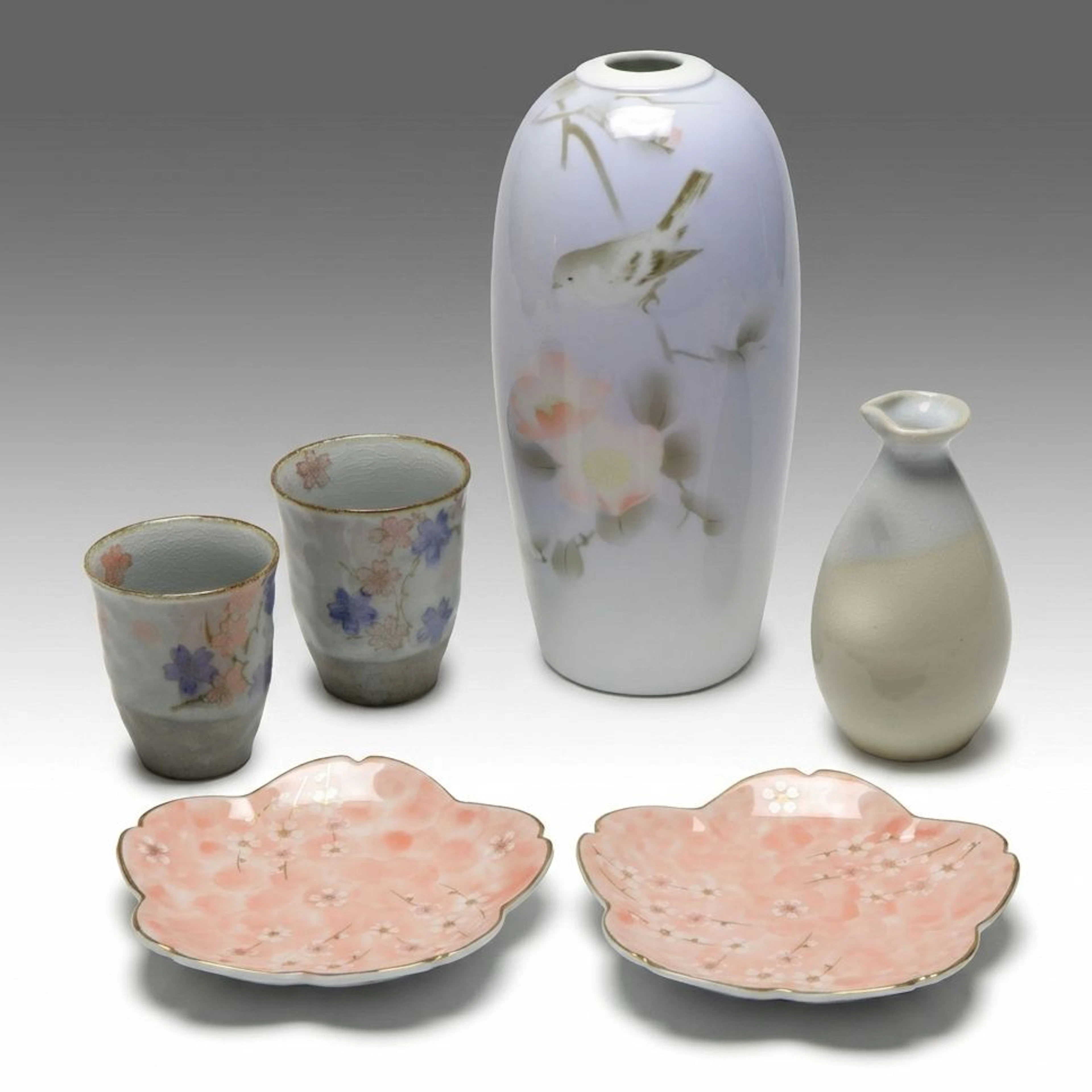 Fukagawa Seiji Ceramic Vase with Sake Bottle and Sakura Themed Cups and Saucers