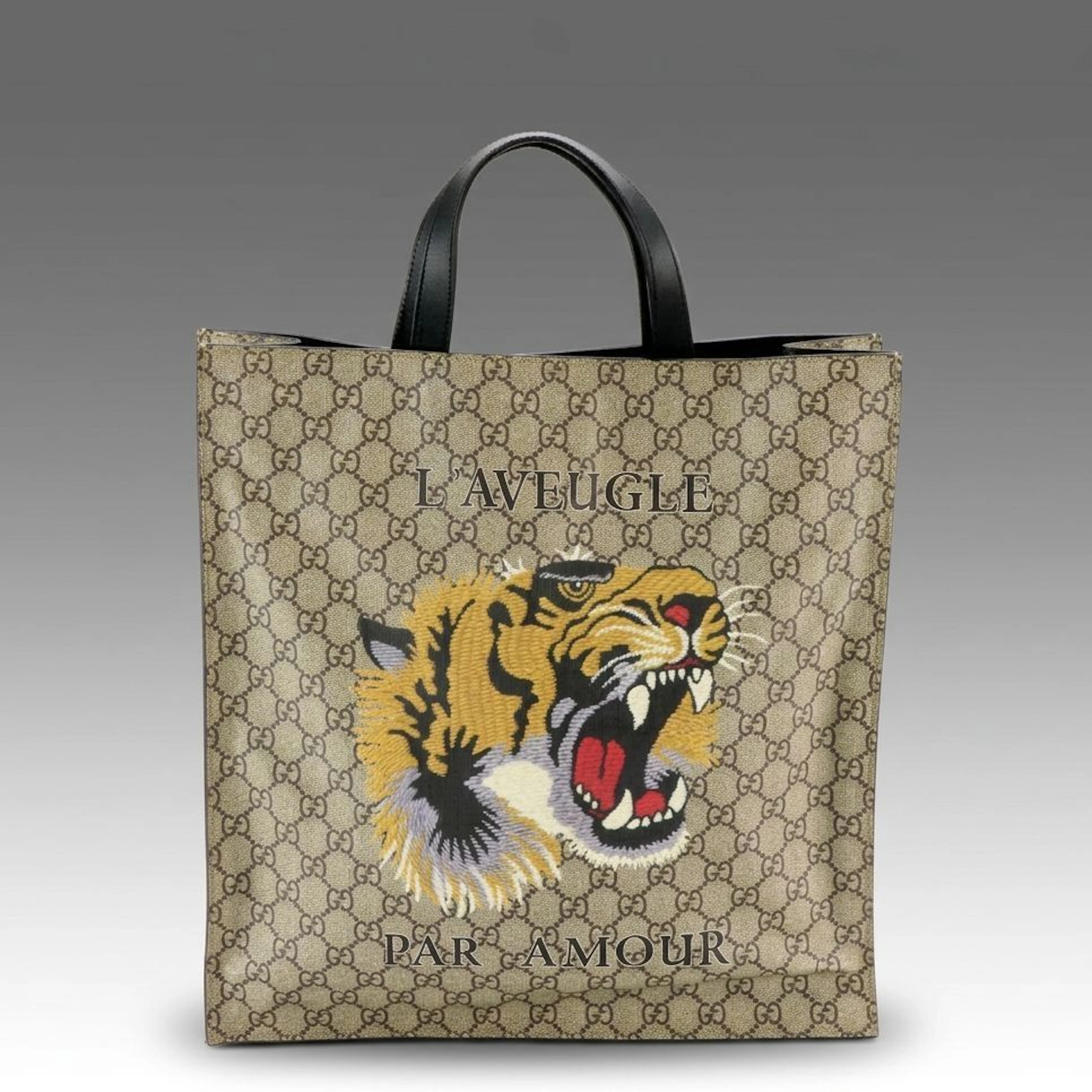Gucci L'aveugle Par Amour Tiger GG Supreme Canvas and Leather Two-Way Tote Bag