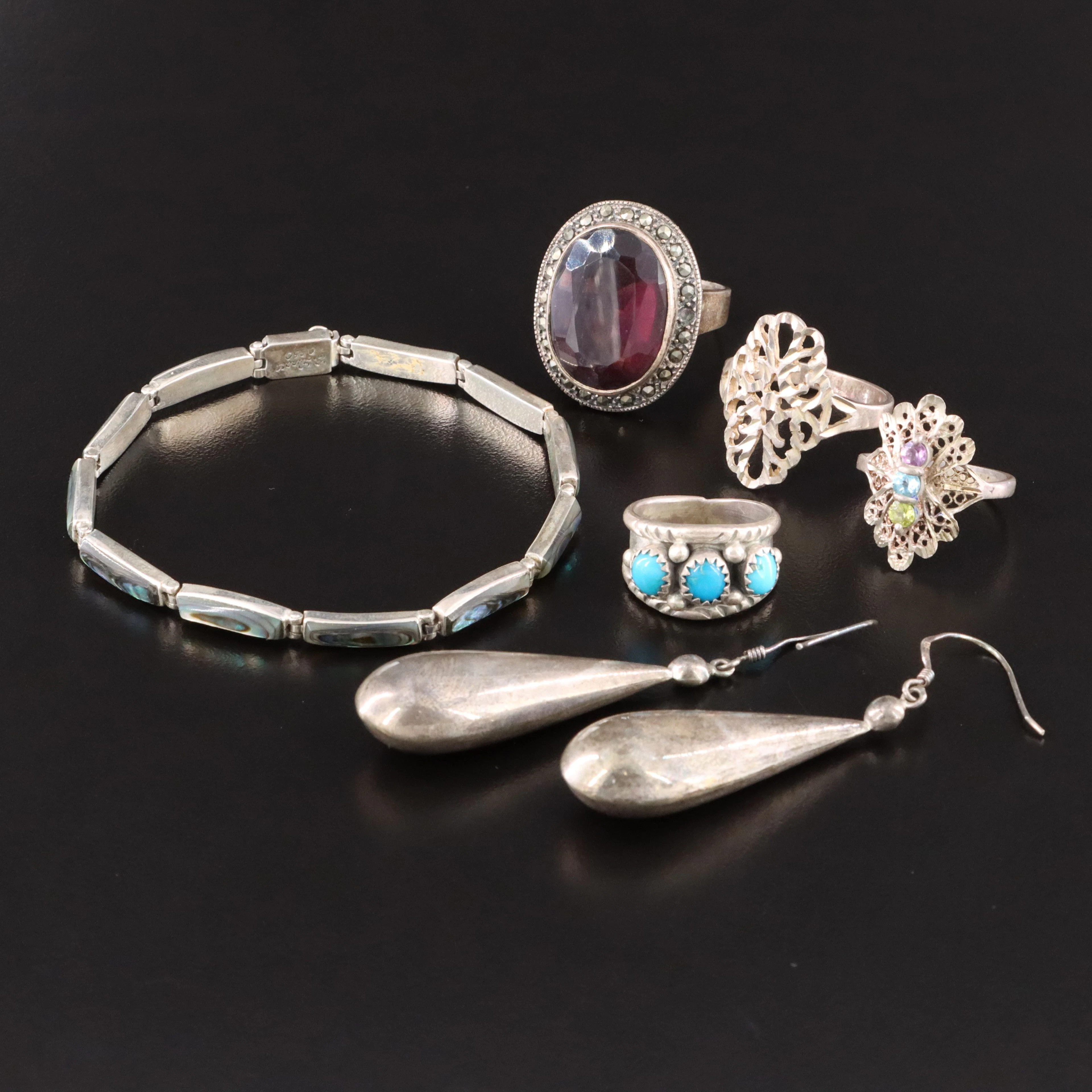 950 Silver, Abalone, Turquoise and Marcasite Featured in Sterling Jewelry
