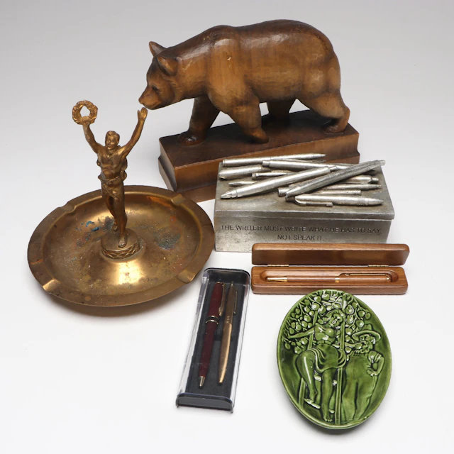 Hand-Carved Wooden Bear, Ceramic Dish, Pens, Ashtray and Box