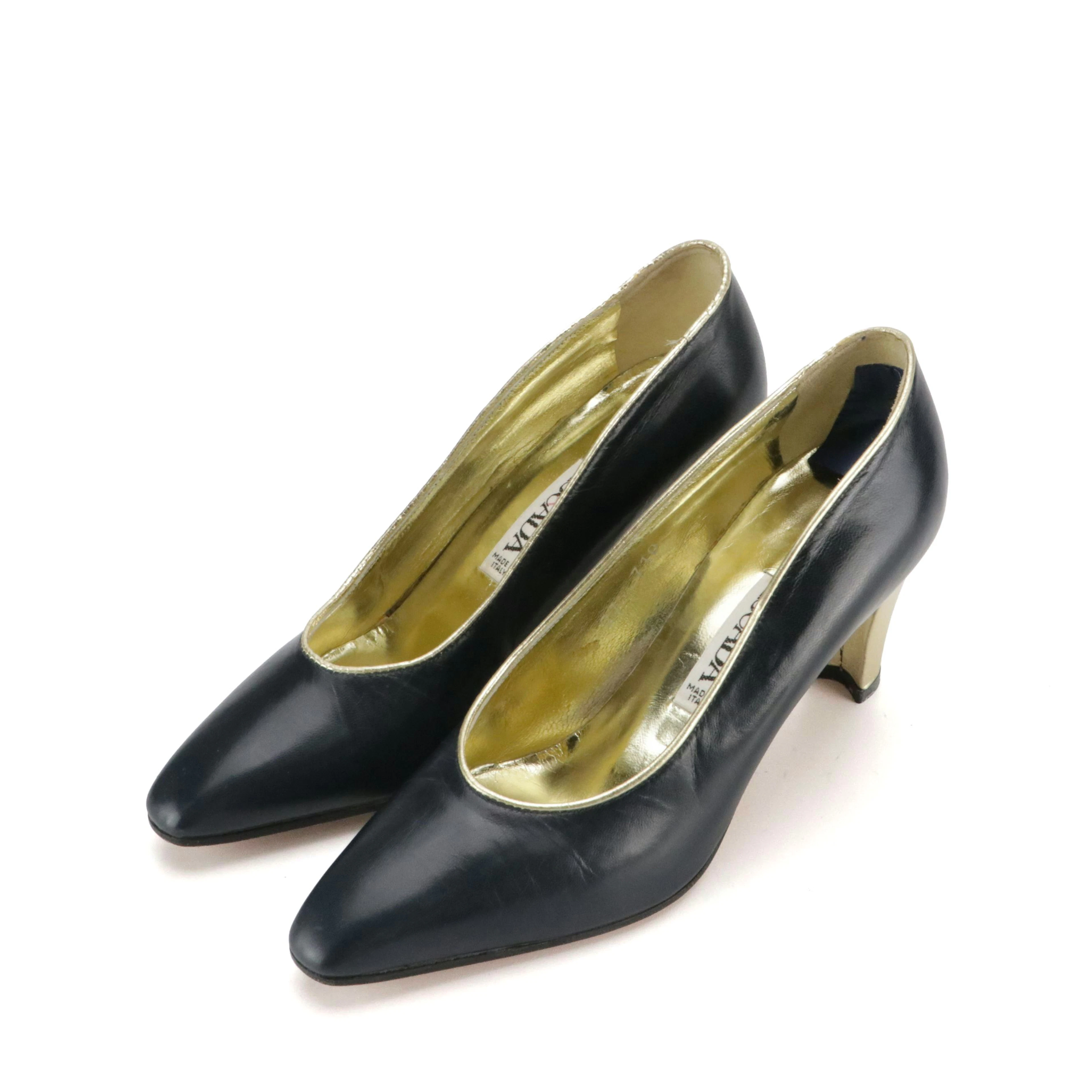 Escada Navy Blue and Gold Metallic Leather Pumps