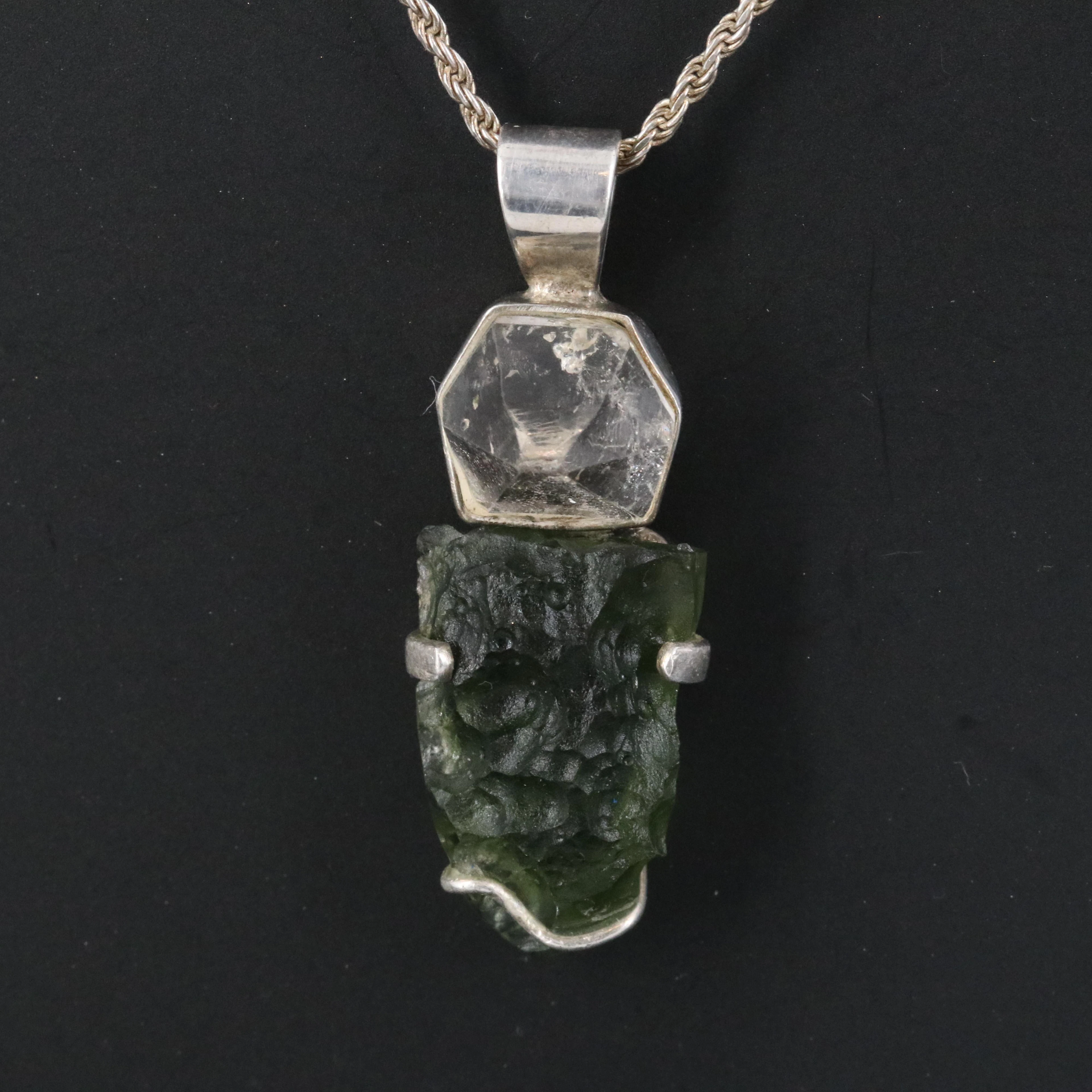 Sterling Pendant Necklace with Moldavite and Rock Crystal Quartz