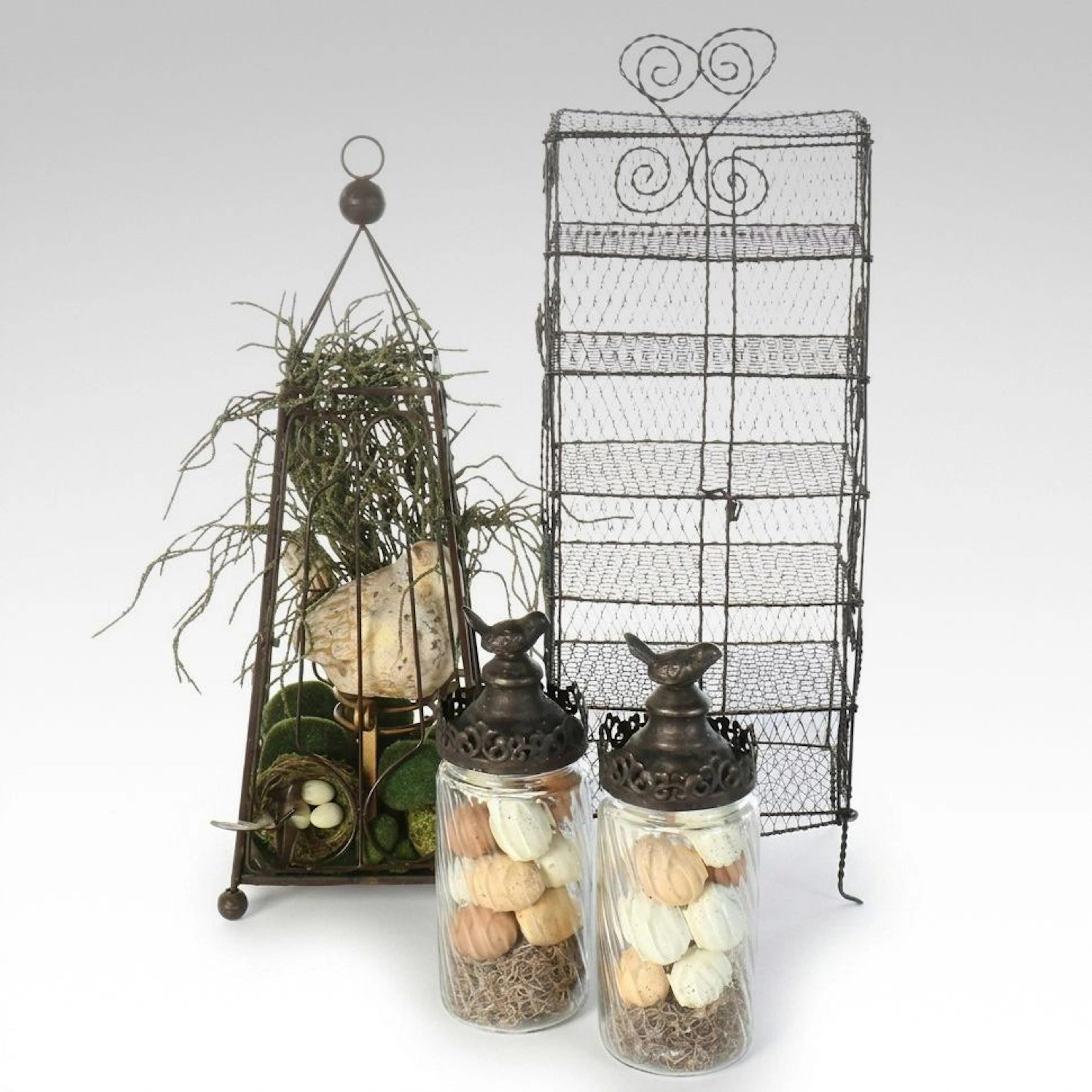 Easter-Theme Glass Canisters with Eggs, Wire Étagère and Obelisk